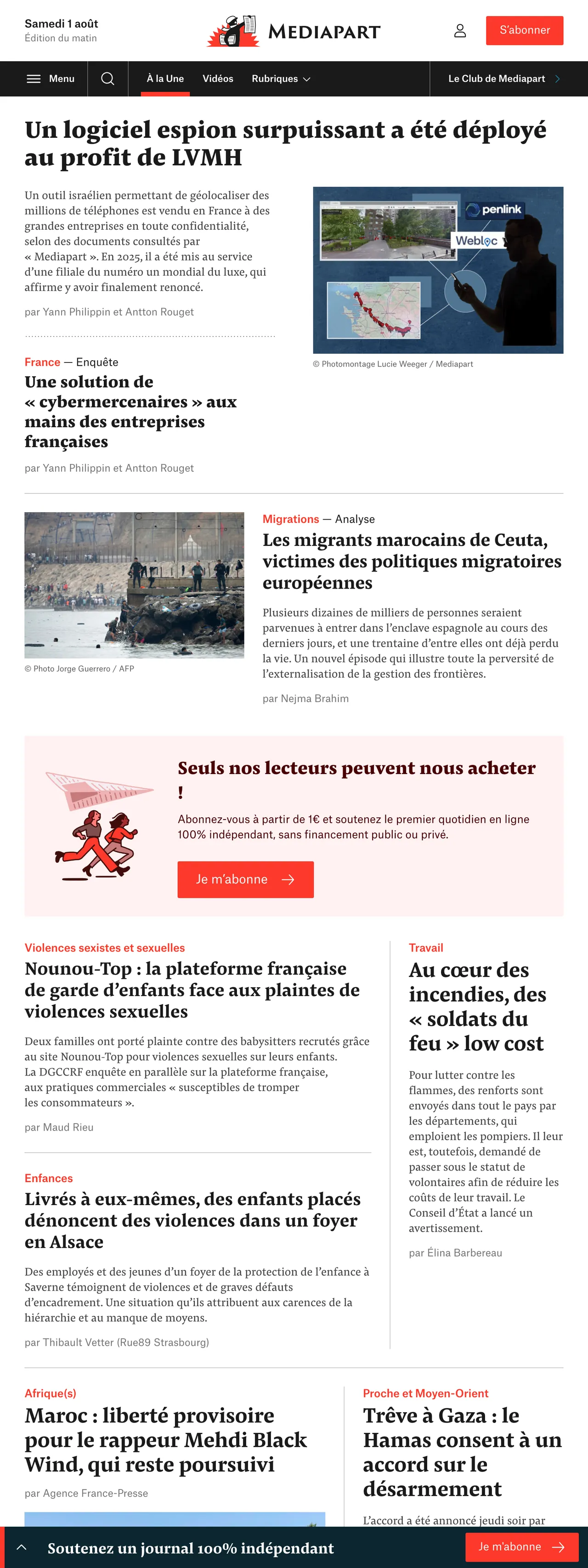 Screenshot of the Mediapart front page