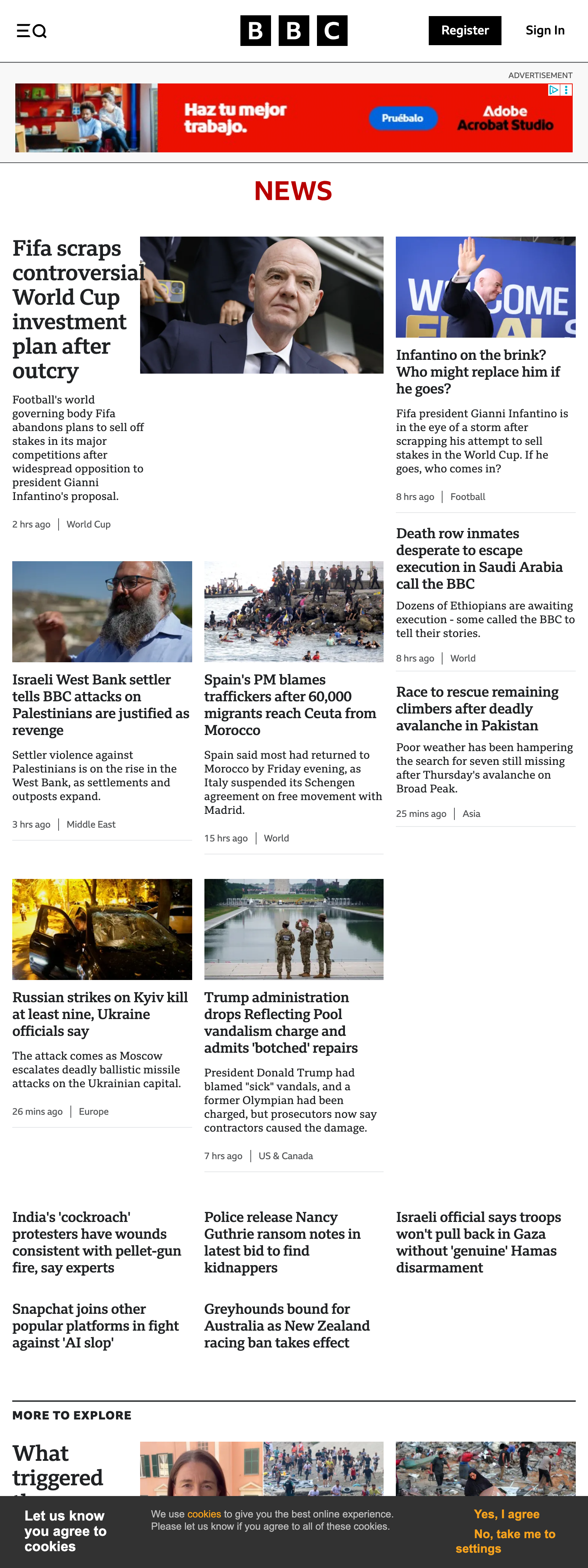 Screenshot of the BBC News front page