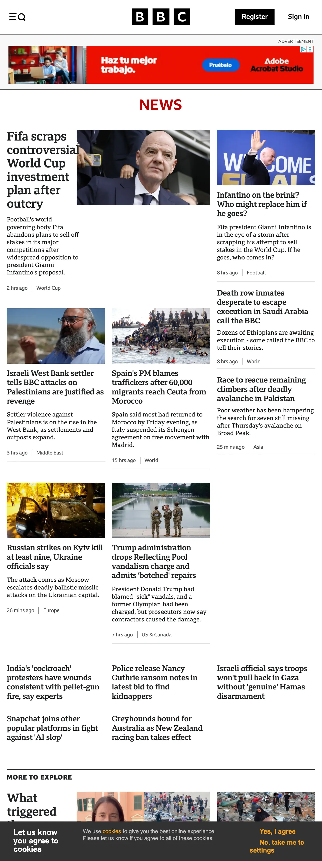 Screenshot of the BBC News front page