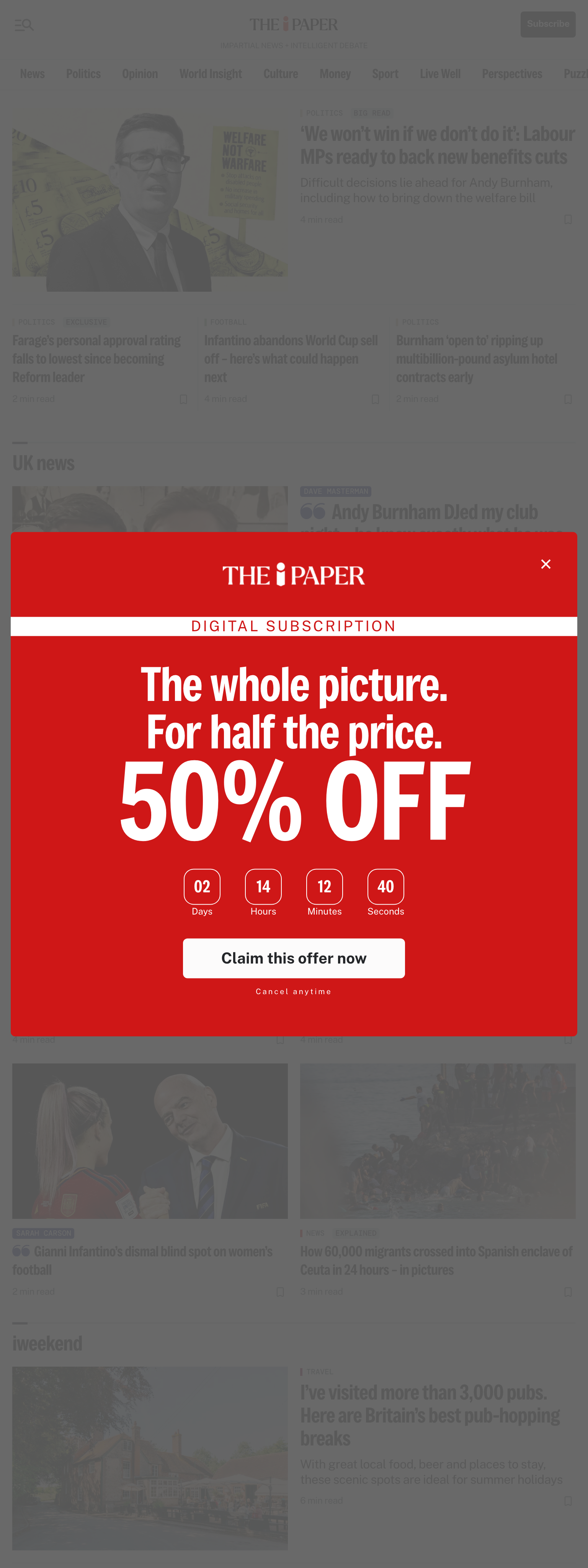 Screenshot of the The i Paper front page