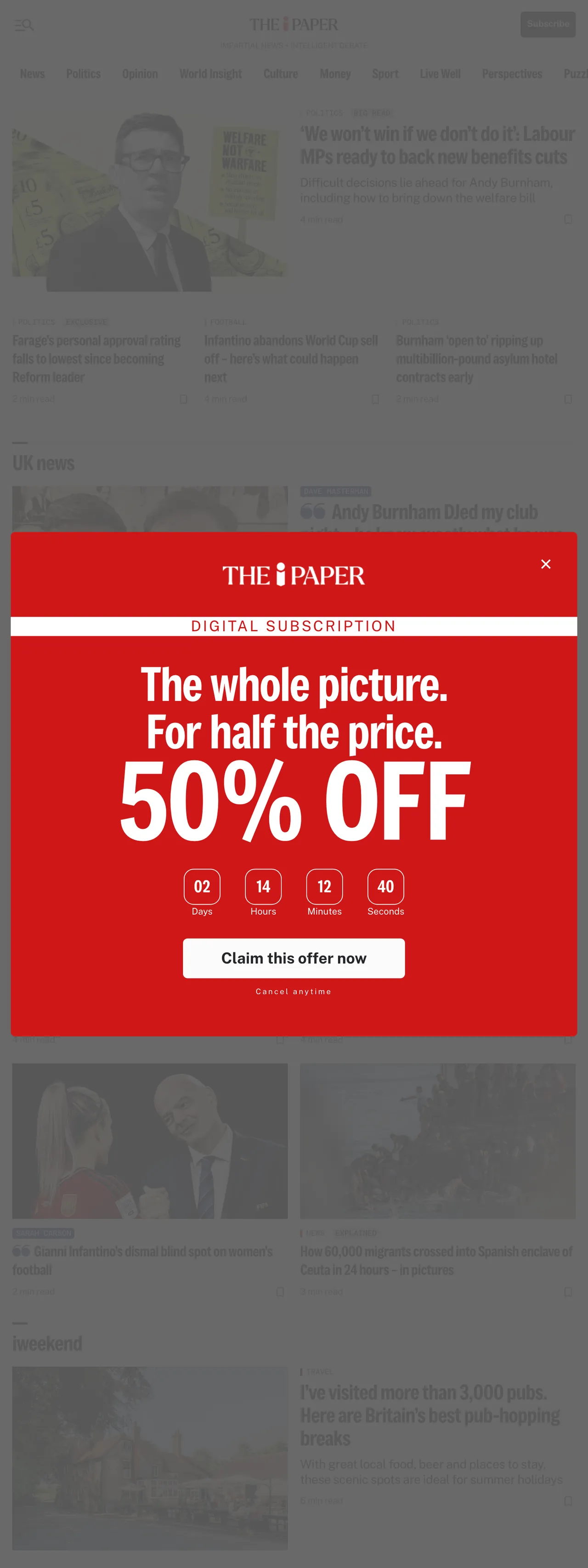 Screenshot of the The i Paper front page