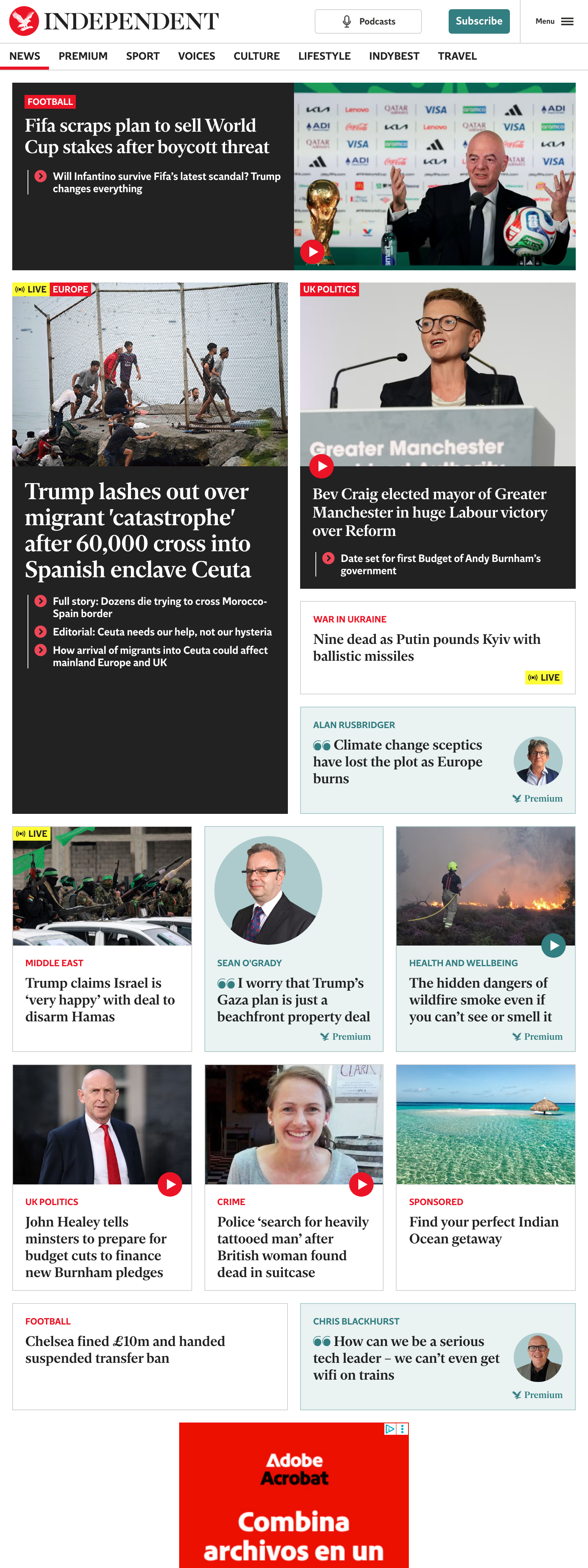 Screenshot of the The Independent front page
