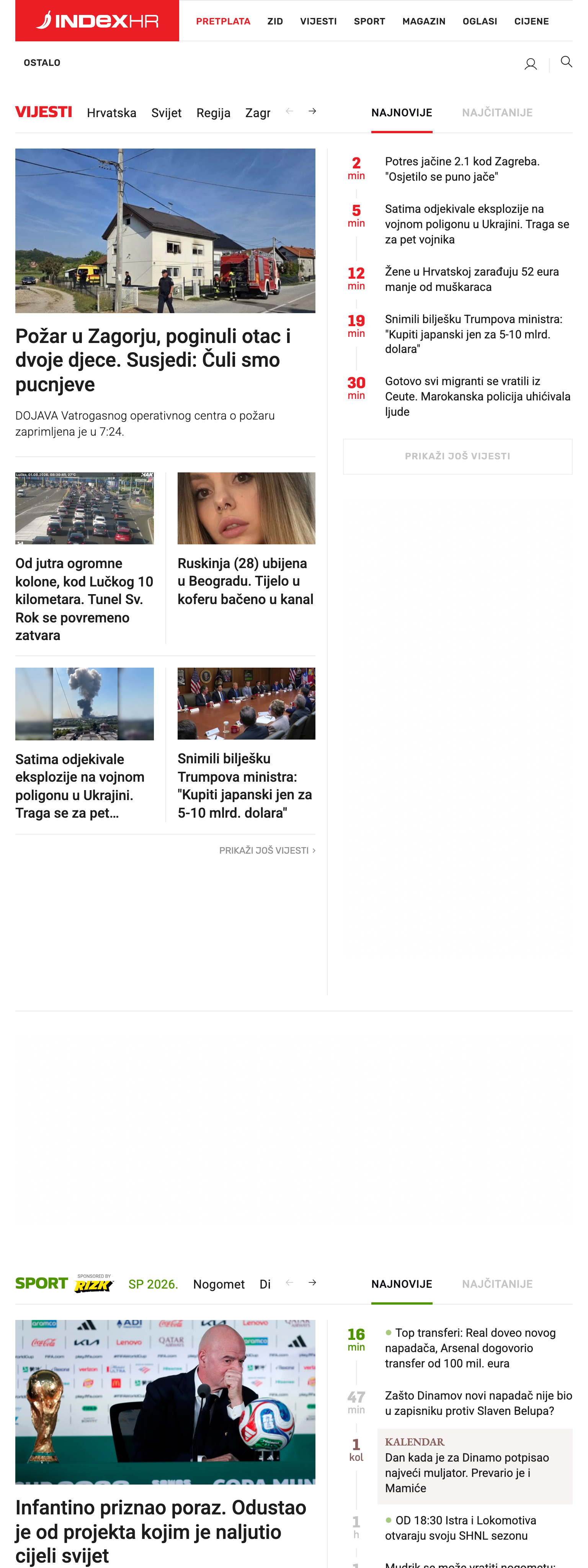 Screenshot of the Index.hr front page