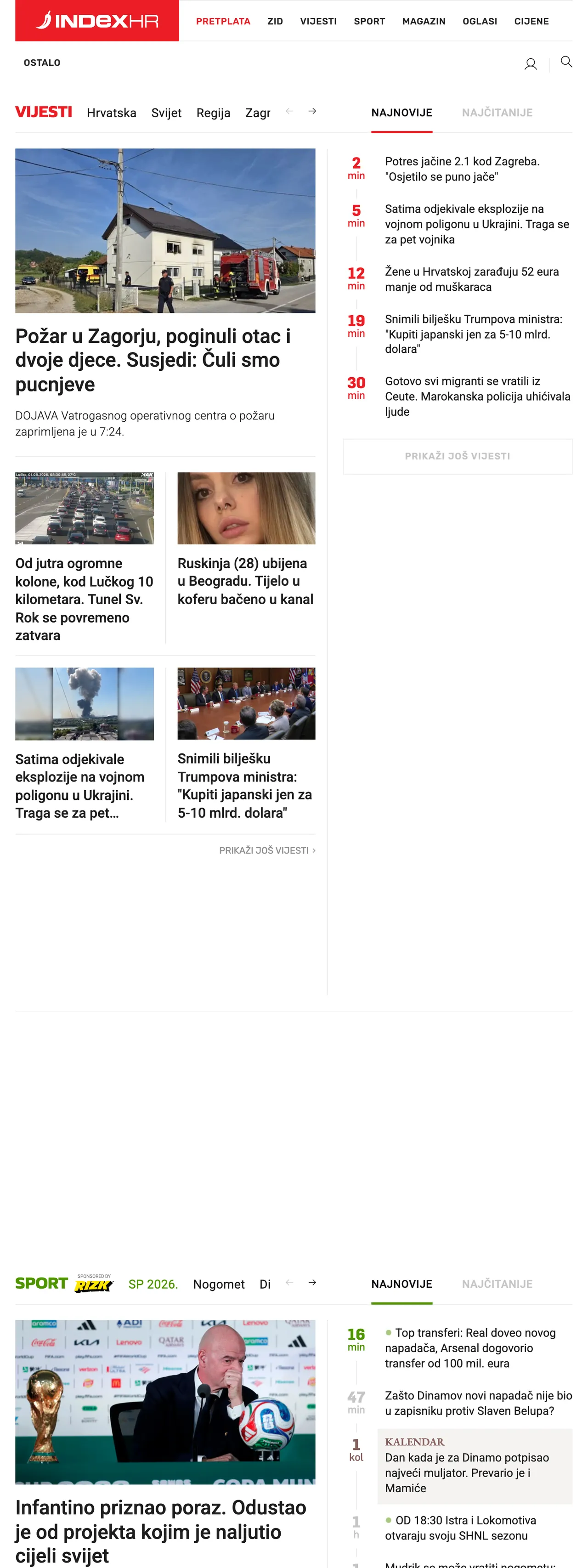 Screenshot of the Index.hr front page