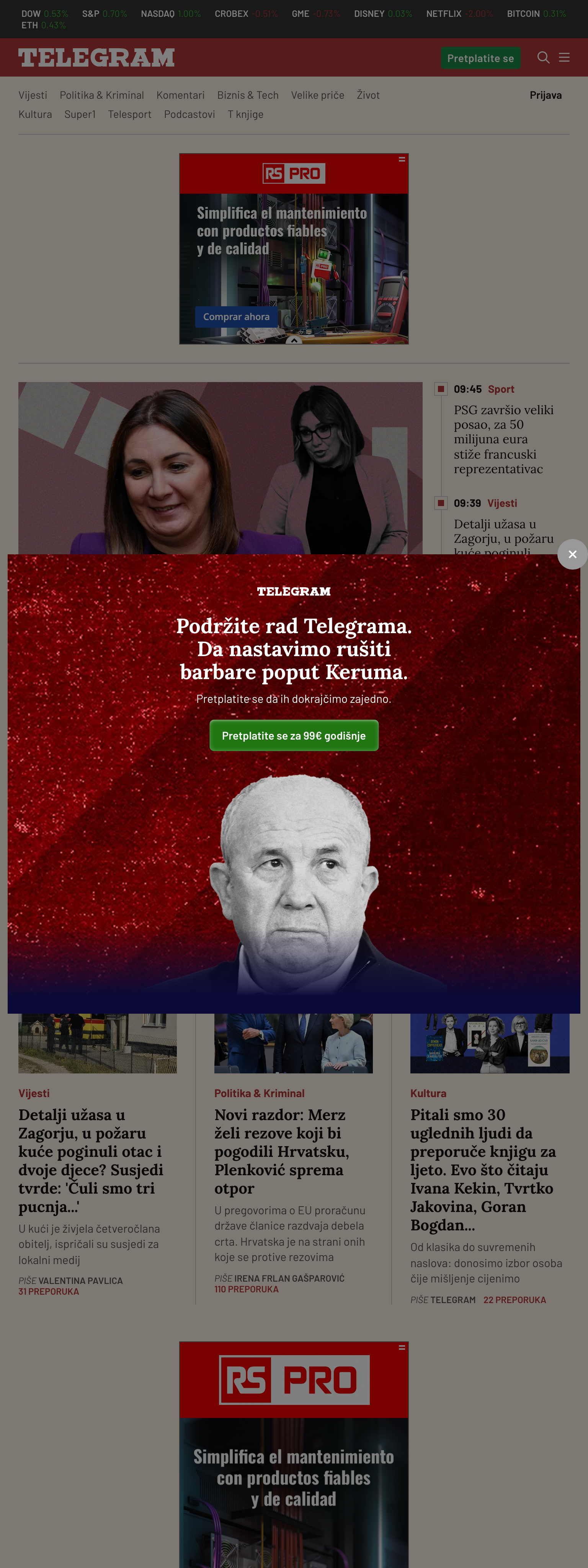 Screenshot of the Telegram.hr front page