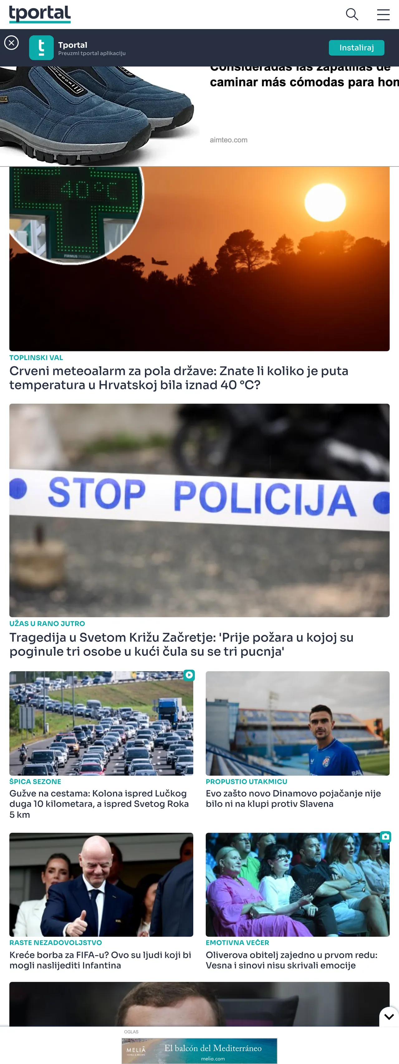 Screenshot of the tportal front page