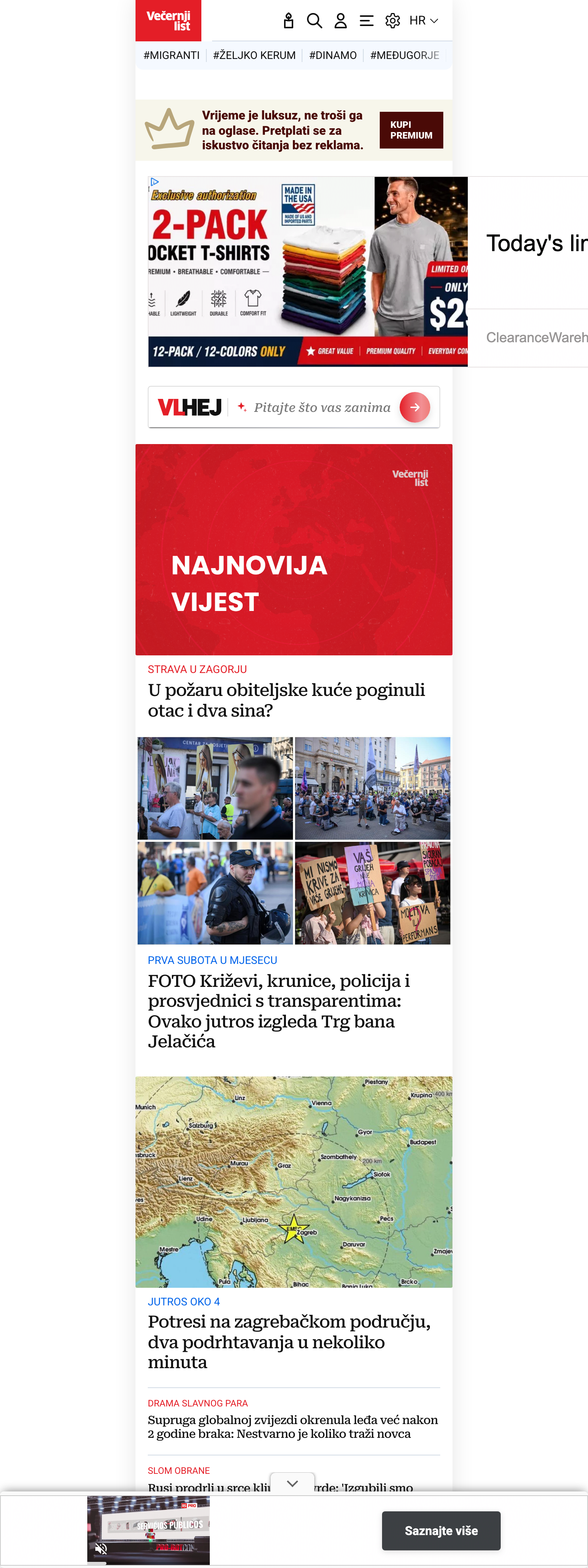 Screenshot of the Večernji list front page