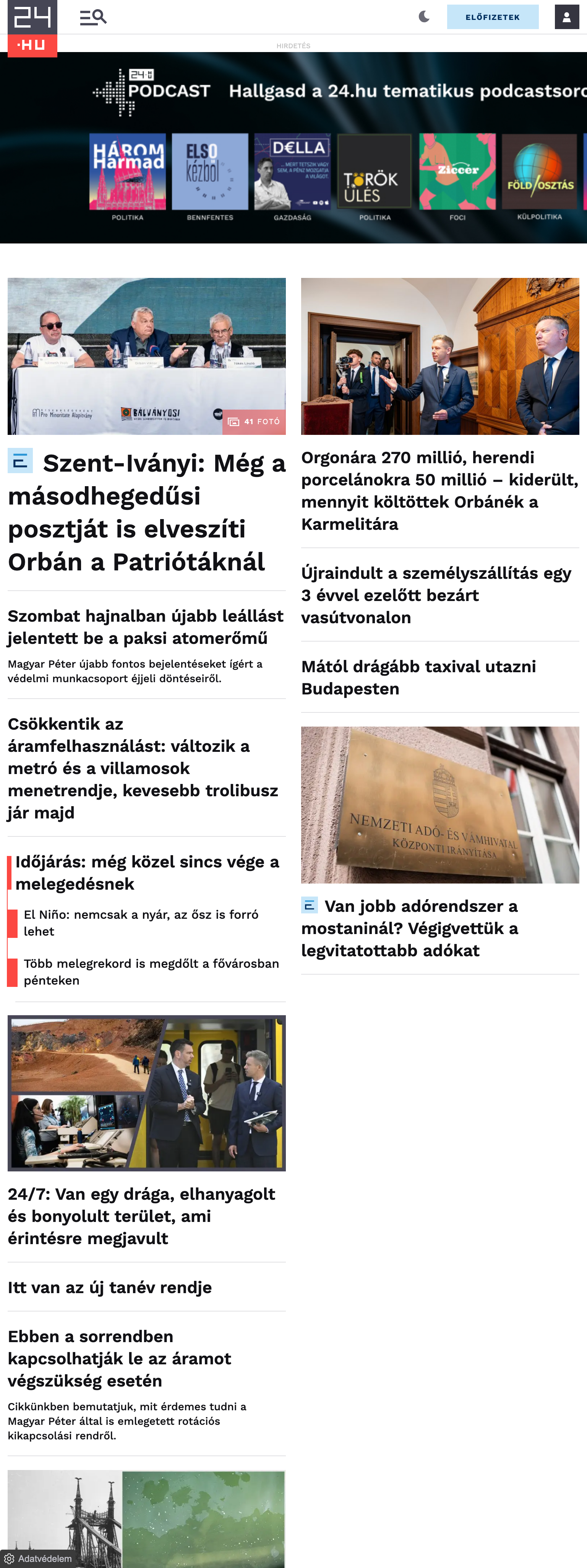 Screenshot of the 24.hu front page
