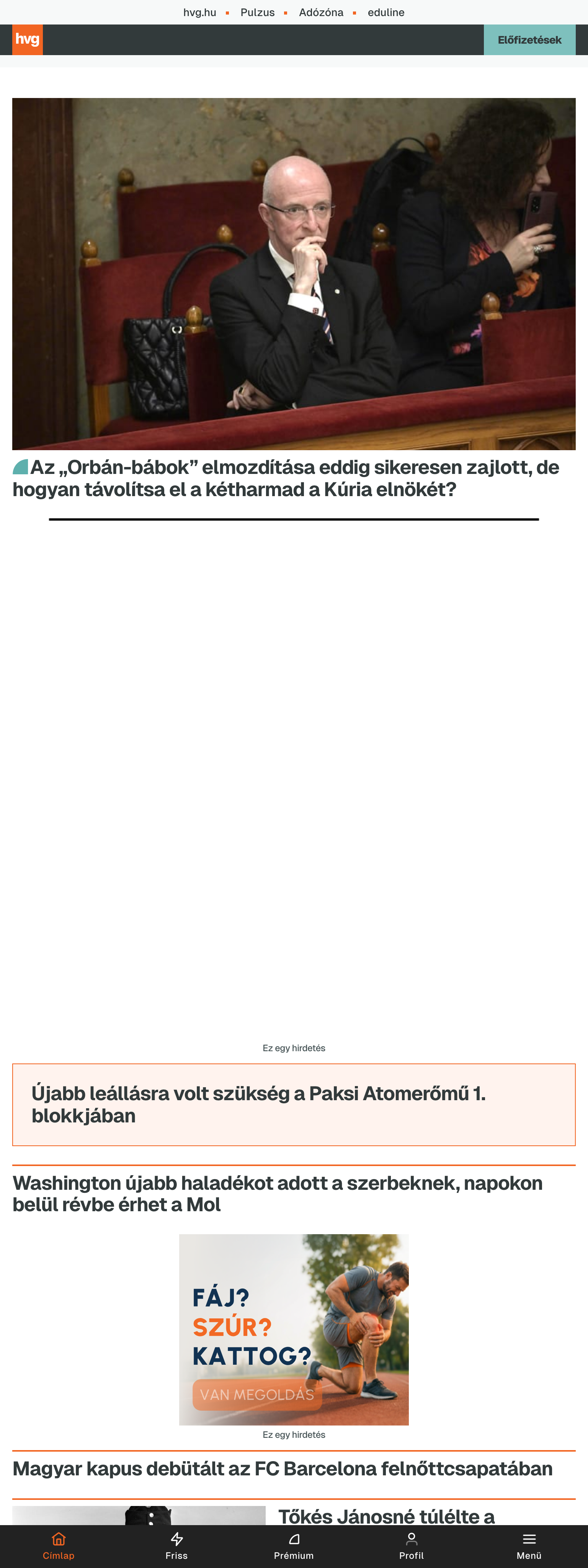 Screenshot of the HVG front page