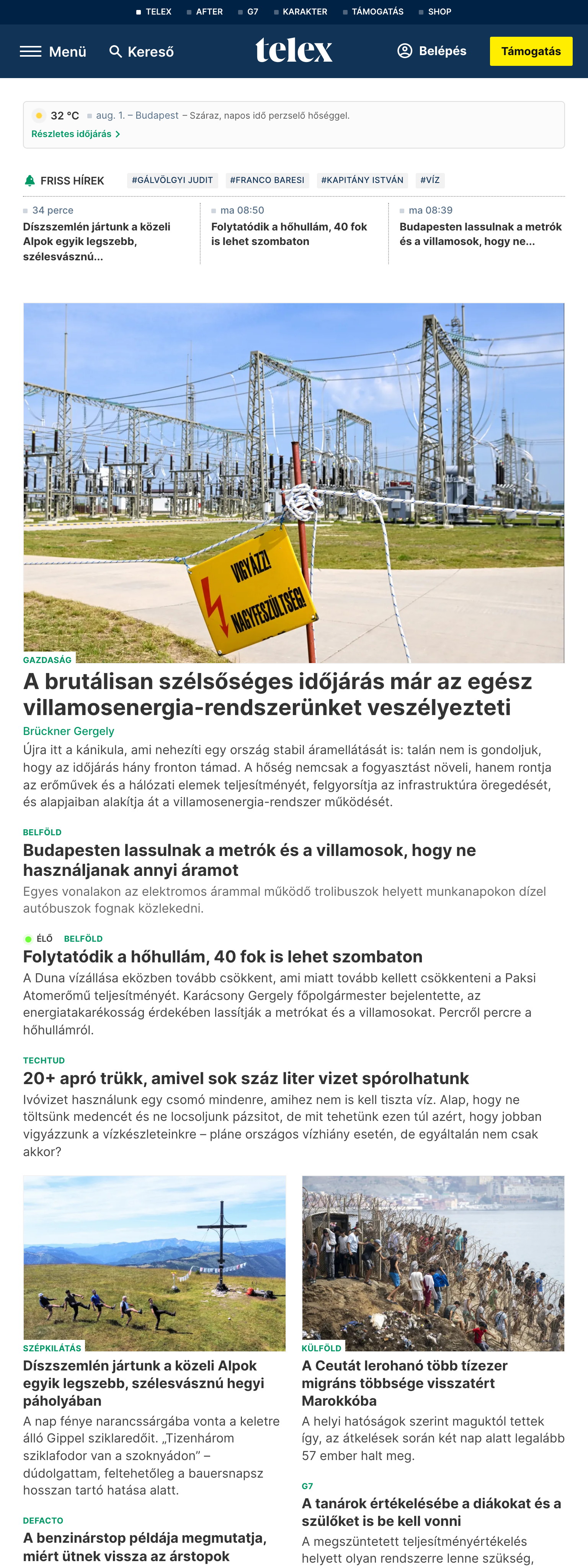 Screenshot of the Telex front page