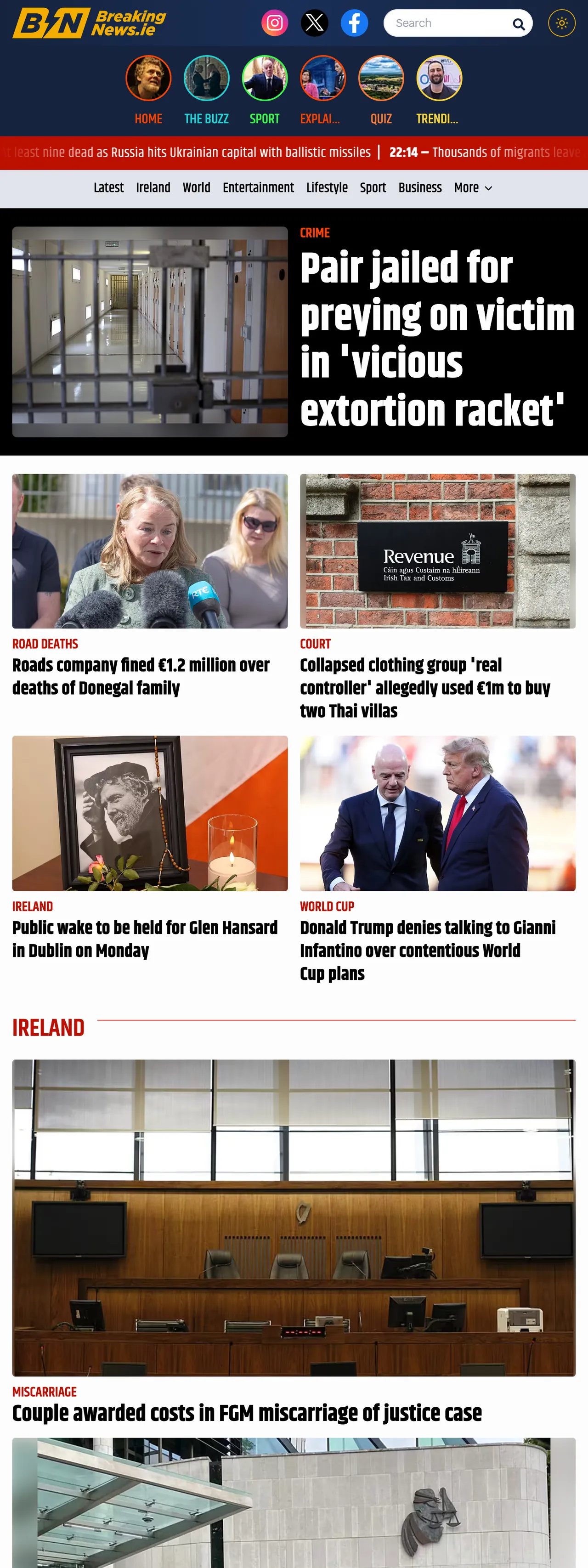 Screenshot of the BreakingNews.ie front page