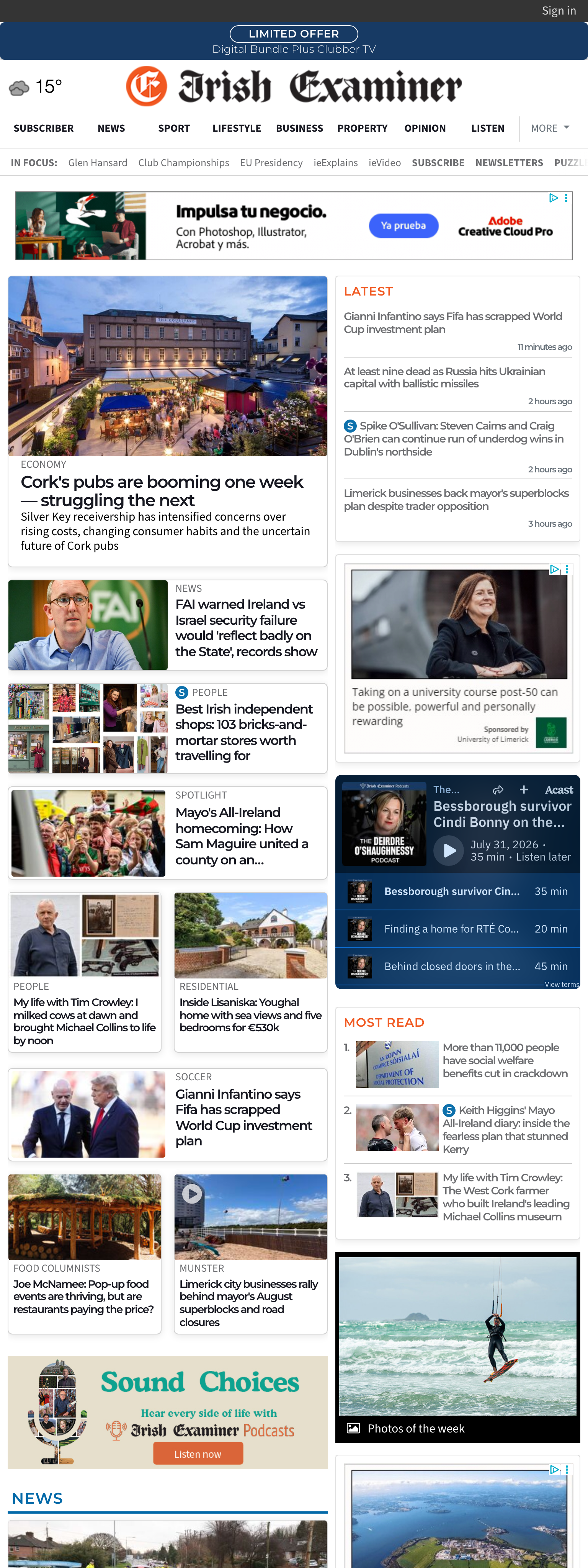 Screenshot of the Irish Examiner front page