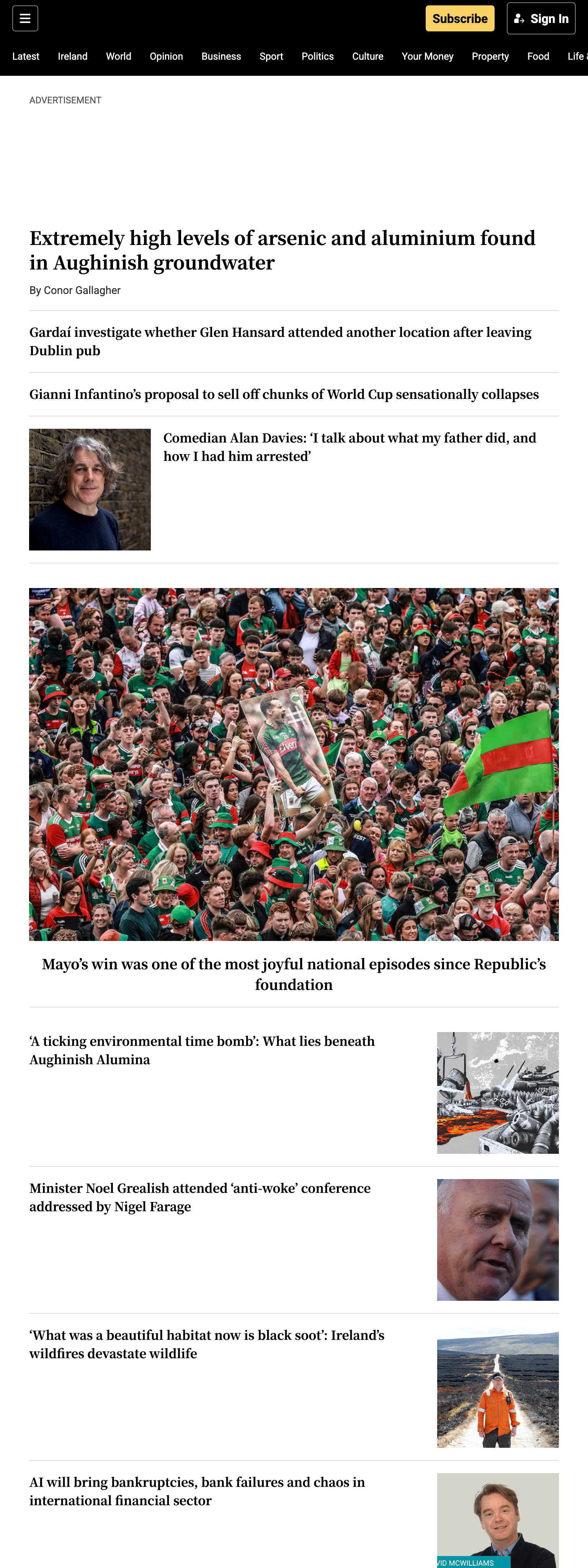 Screenshot of the The Irish Times front page