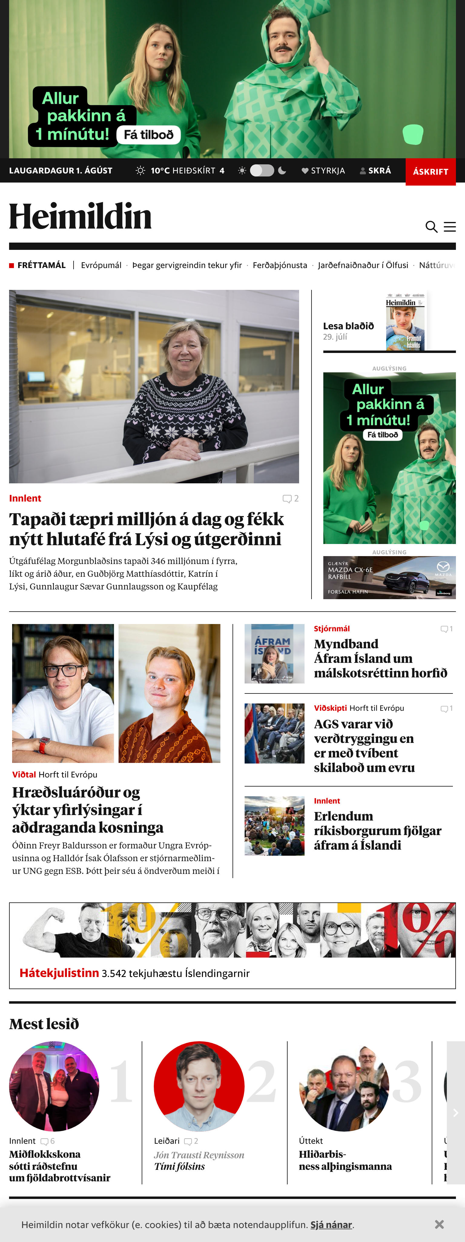 Screenshot of the Heimildin front page