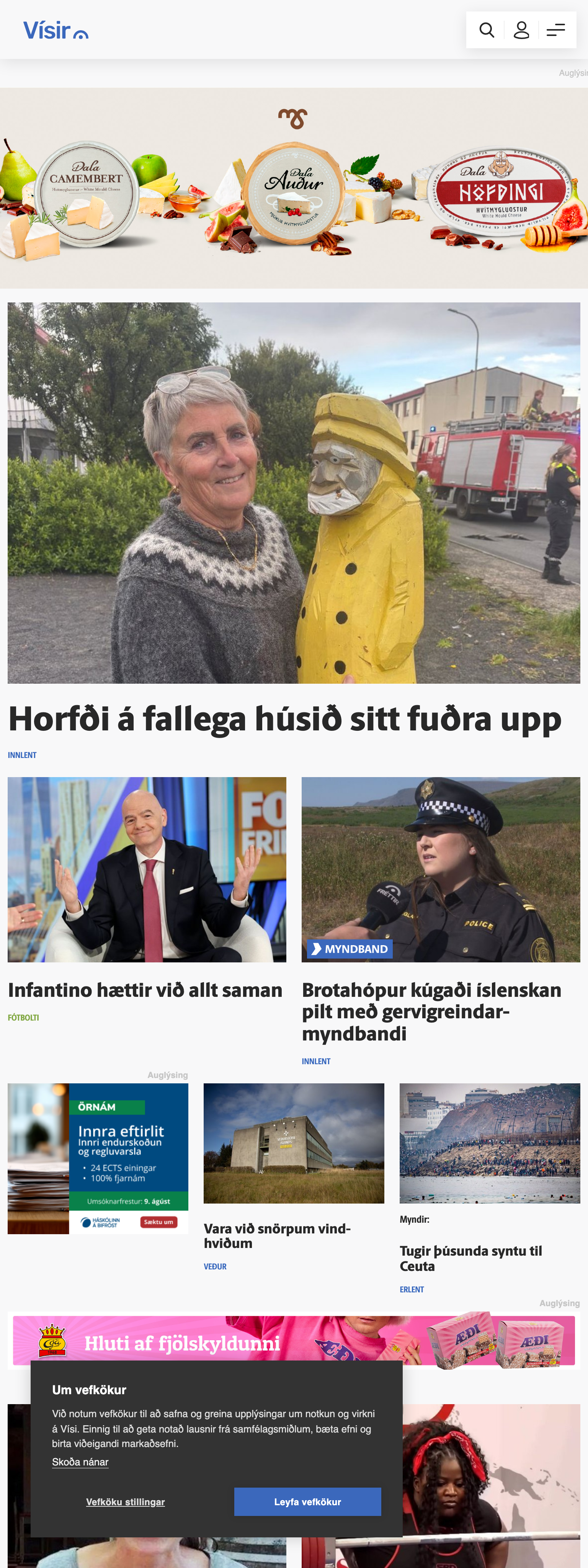 Screenshot of the Vísir front page