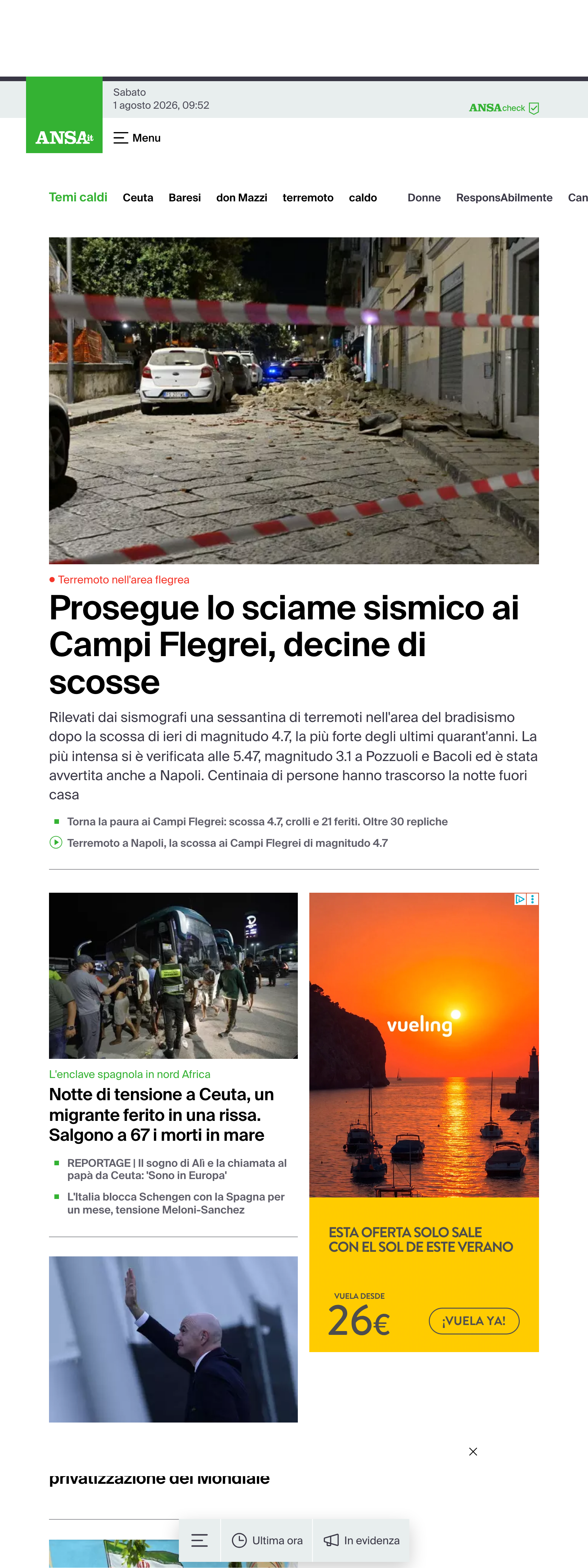 Screenshot of the ANSA front page
