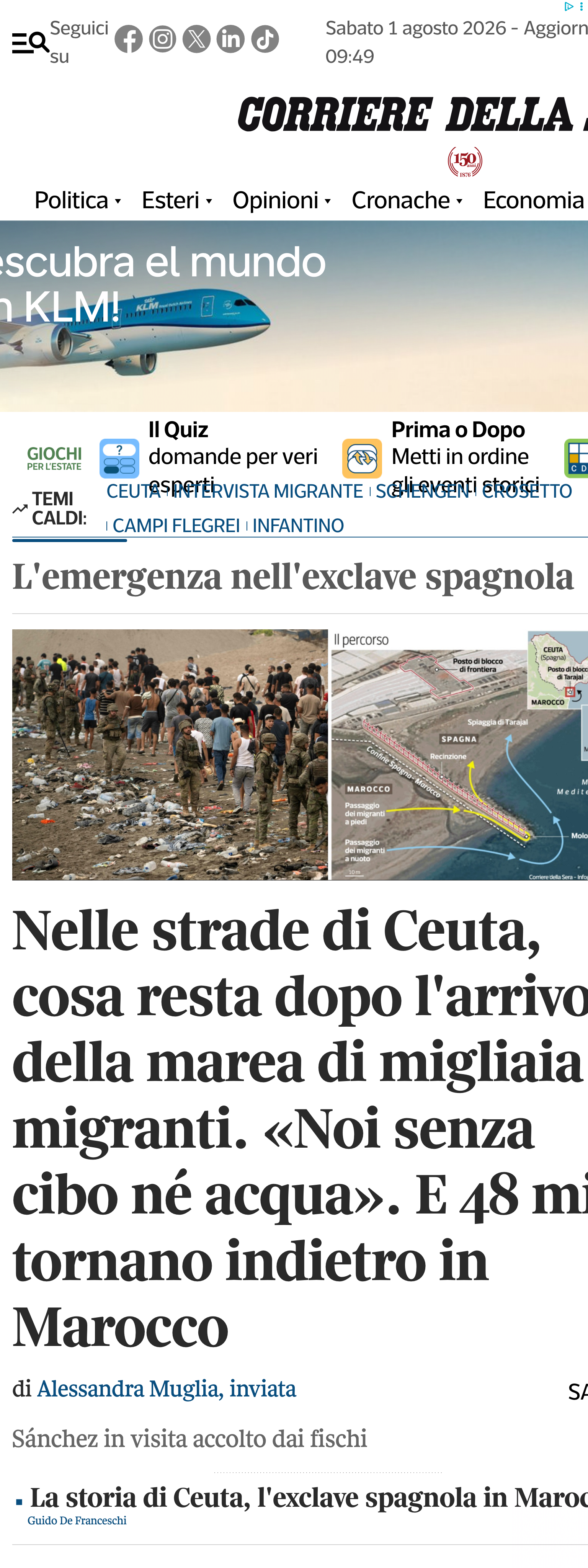 Screenshot of the Corriere della Sera front page