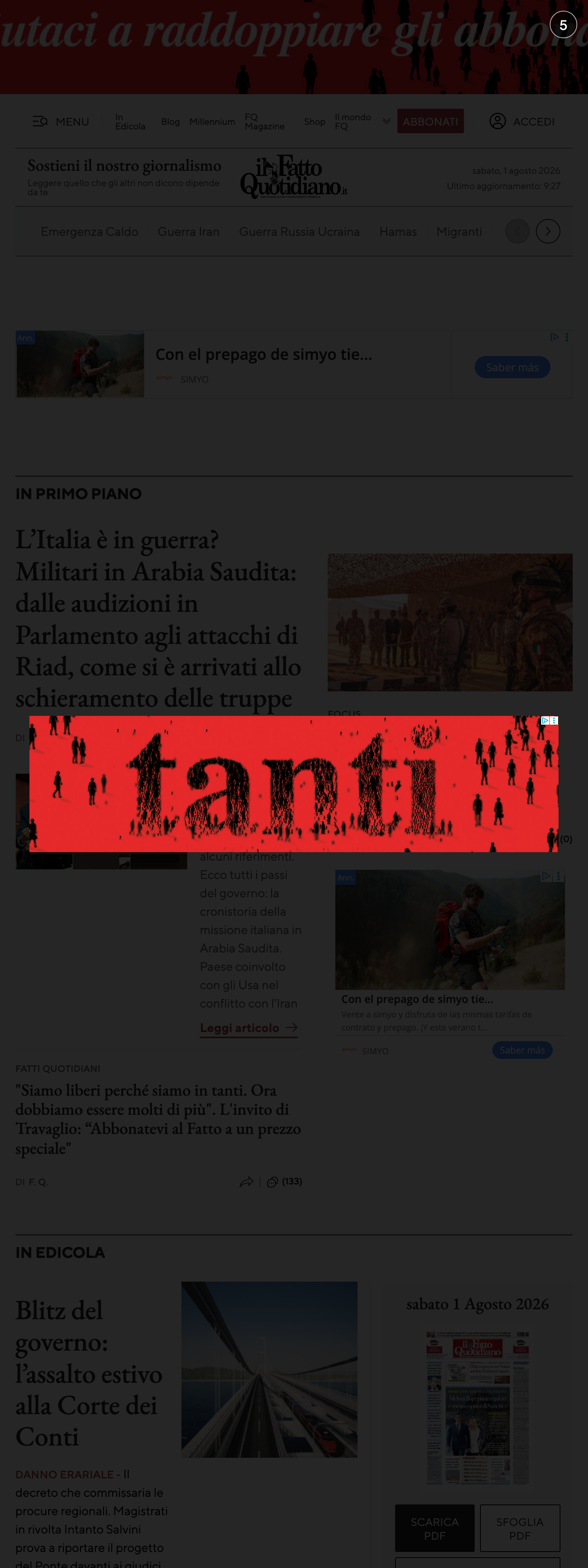 Screenshot of the Il Fatto Quotidiano front page
