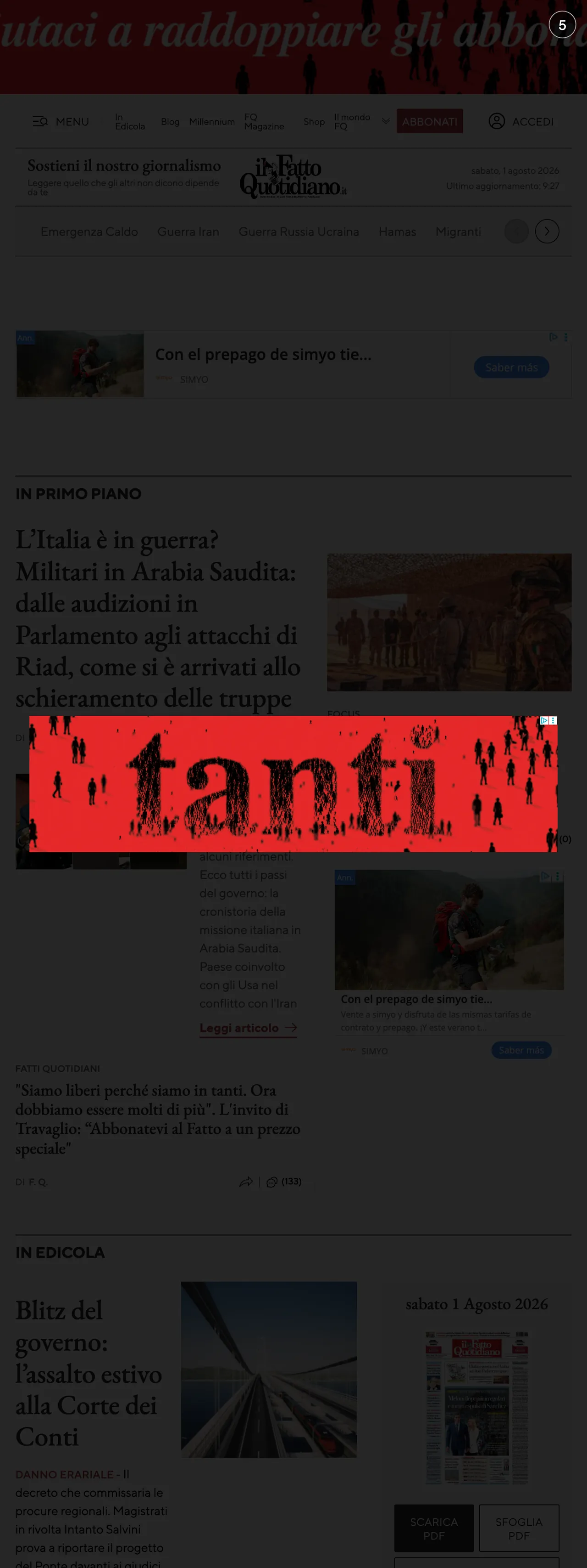 Screenshot of the Il Fatto Quotidiano front page