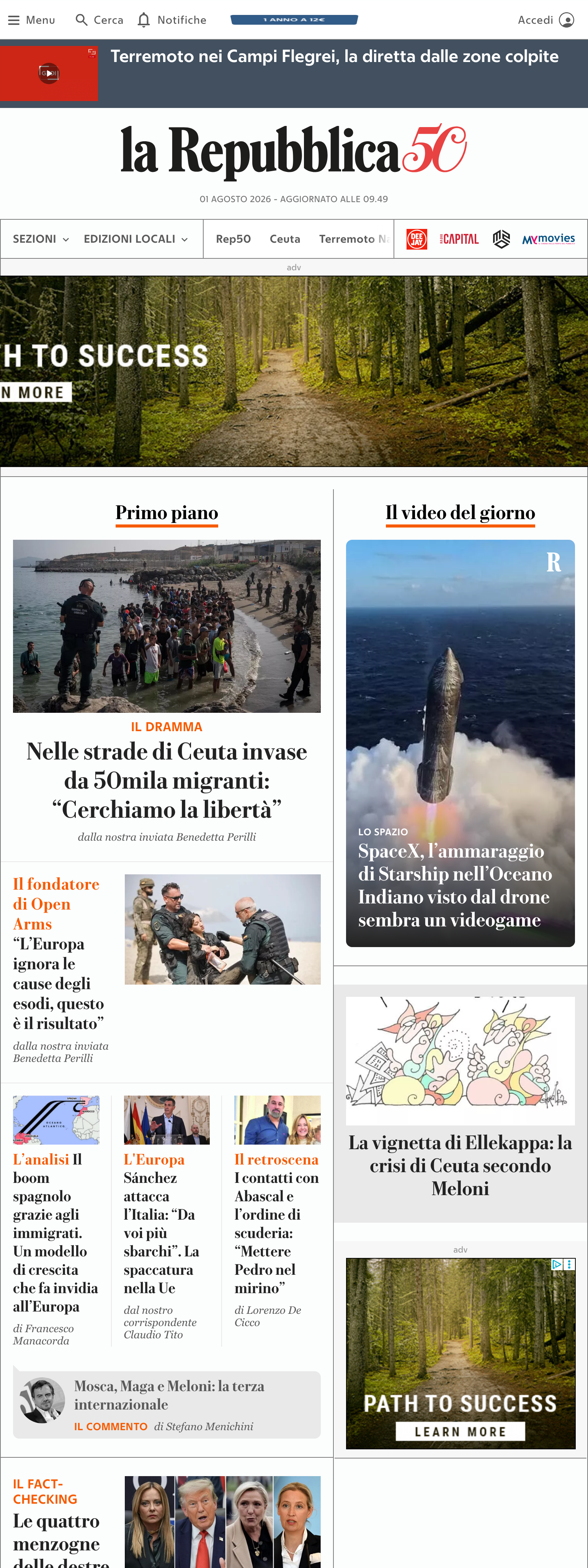 Screenshot of the la Repubblica front page