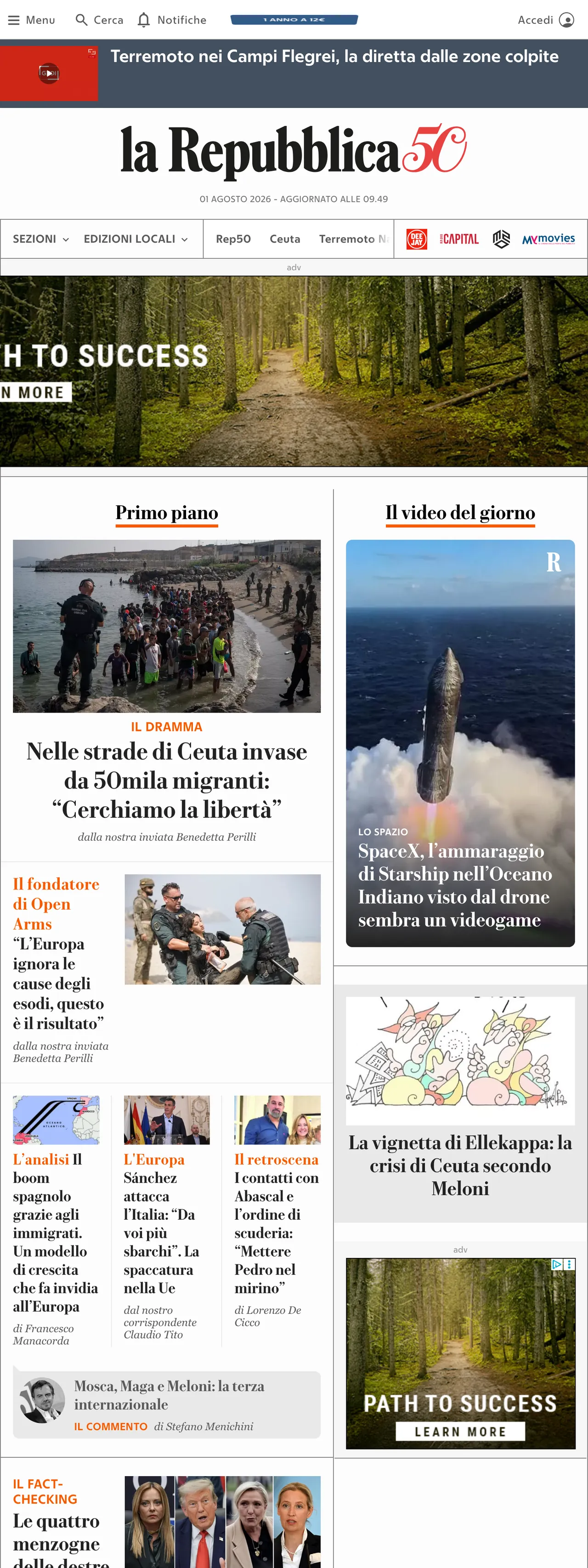 Screenshot of the la Repubblica front page