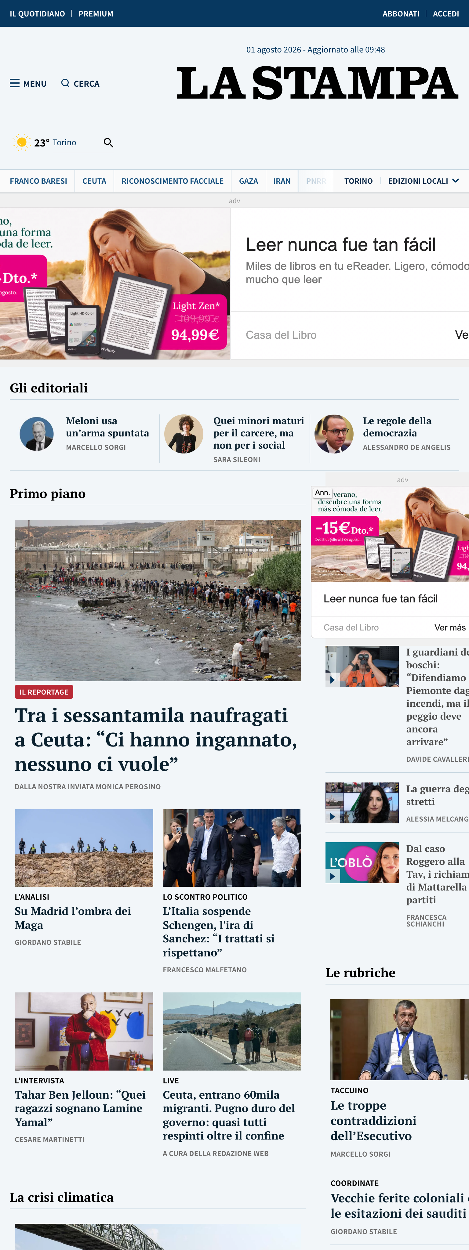 Screenshot of the La Stampa front page