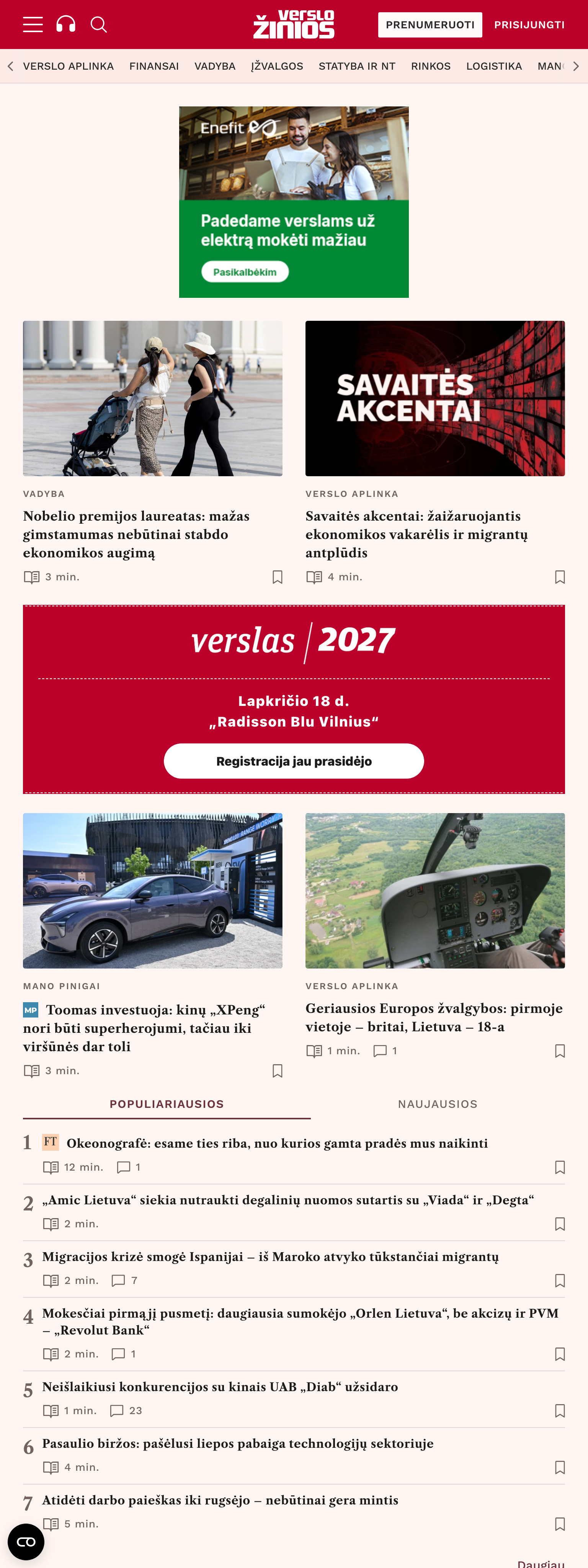 Screenshot of the Verslo žinios front page