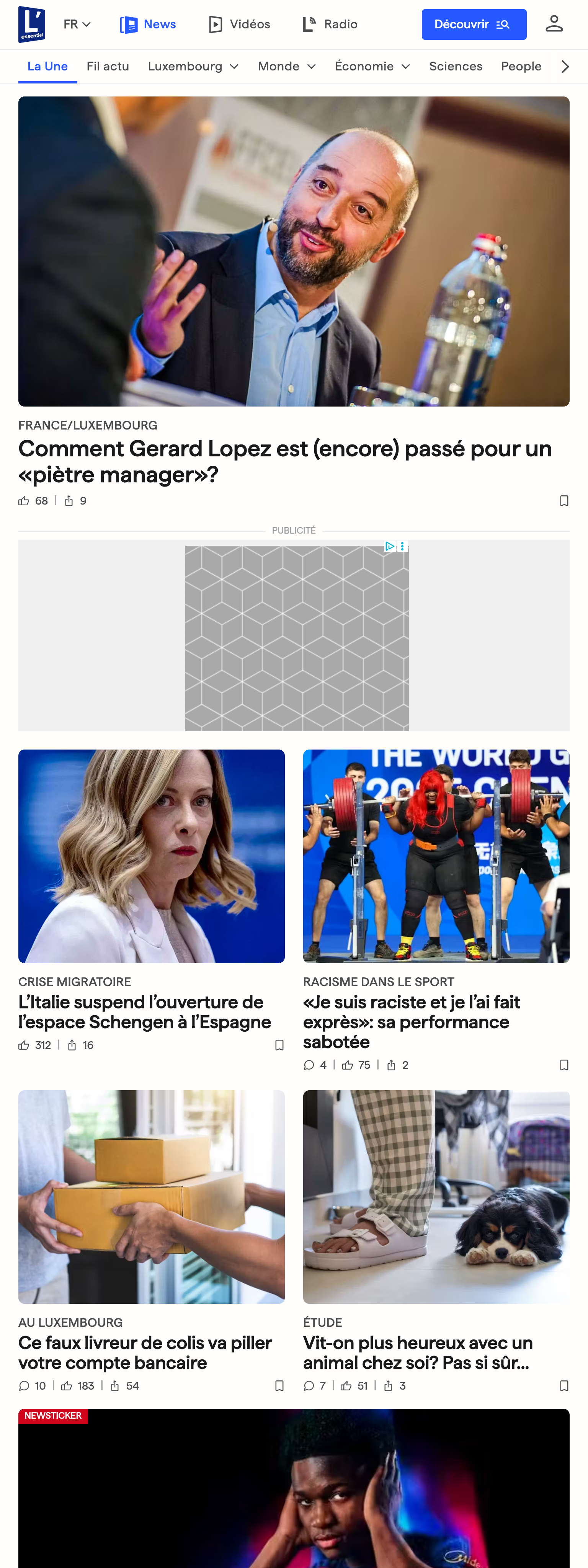 Screenshot of the L'essentiel front page