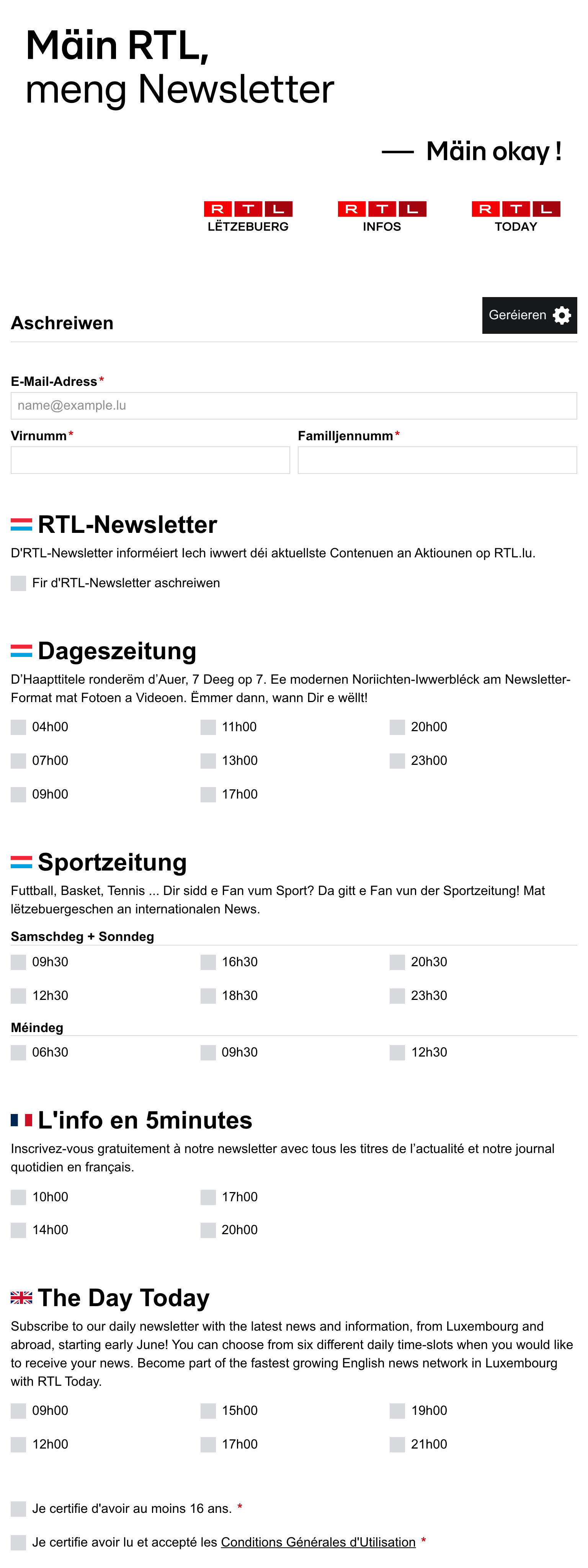 Screenshot of the RTL Lëtzebuerg front page