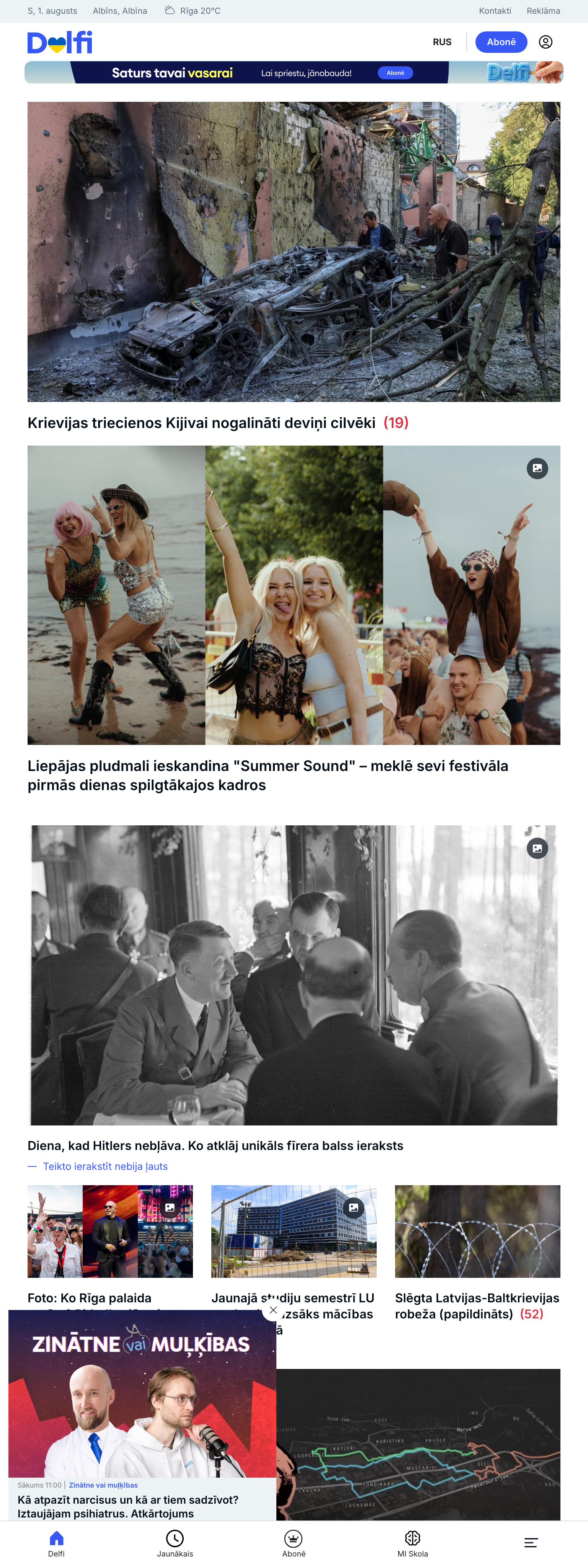 Screenshot of the Delfi front page
