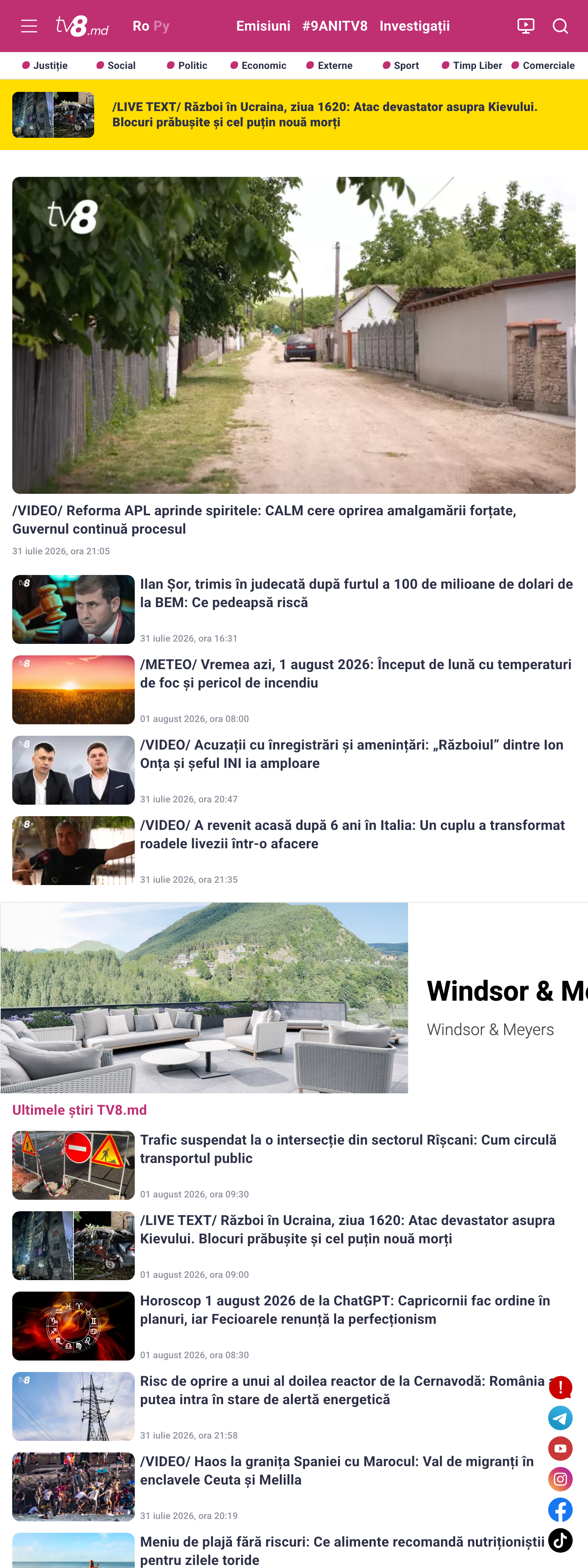 Screenshot of the TV8 front page