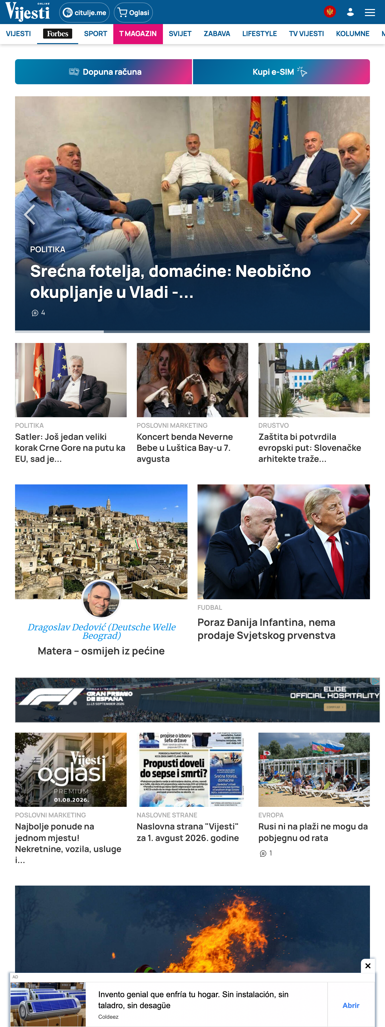 Screenshot of the Vijesti front page