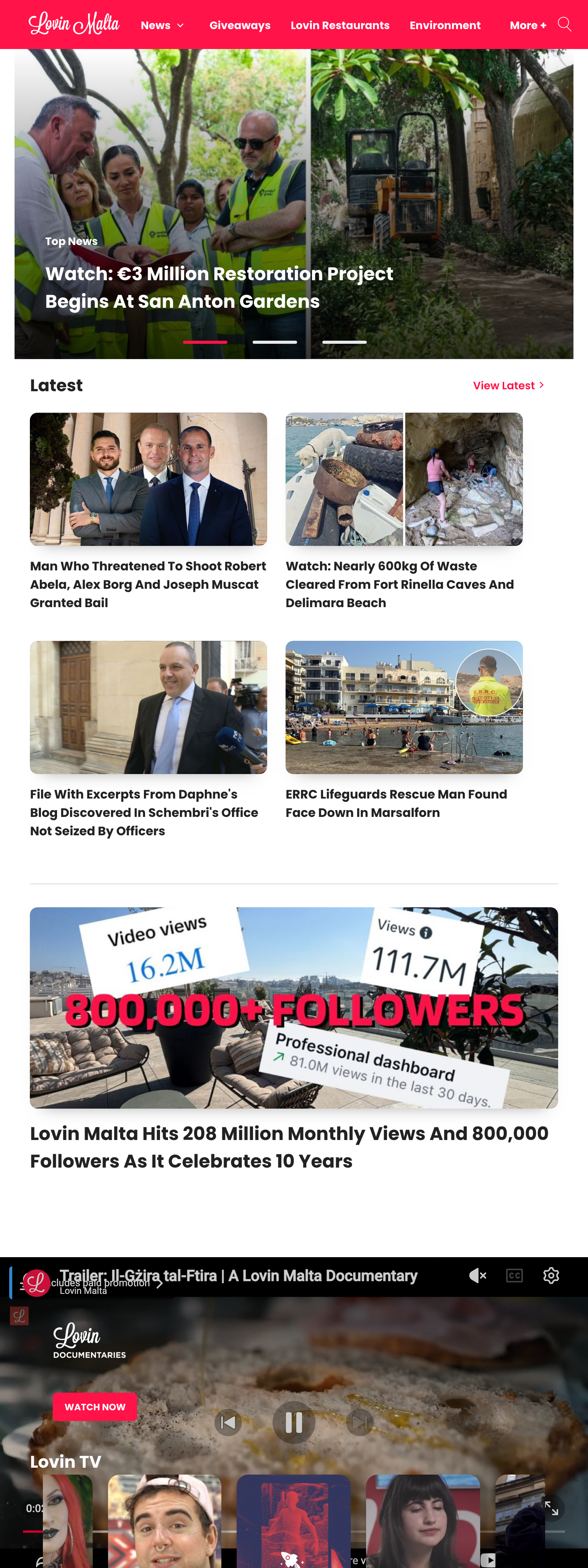 Screenshot of the Lovin Malta front page