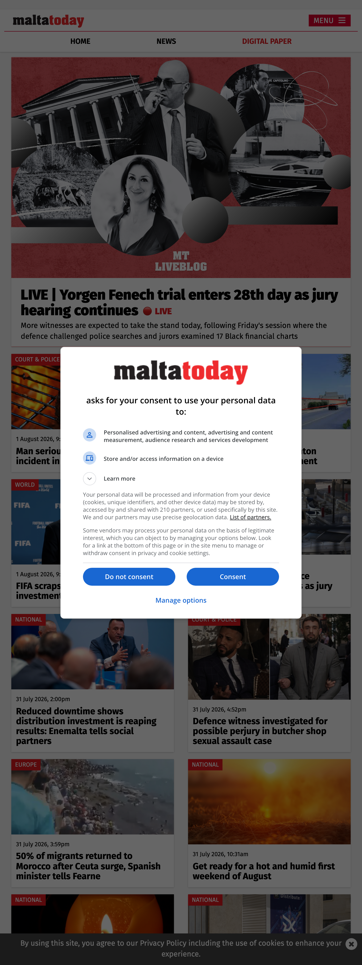 Screenshot of the Malta Today front page