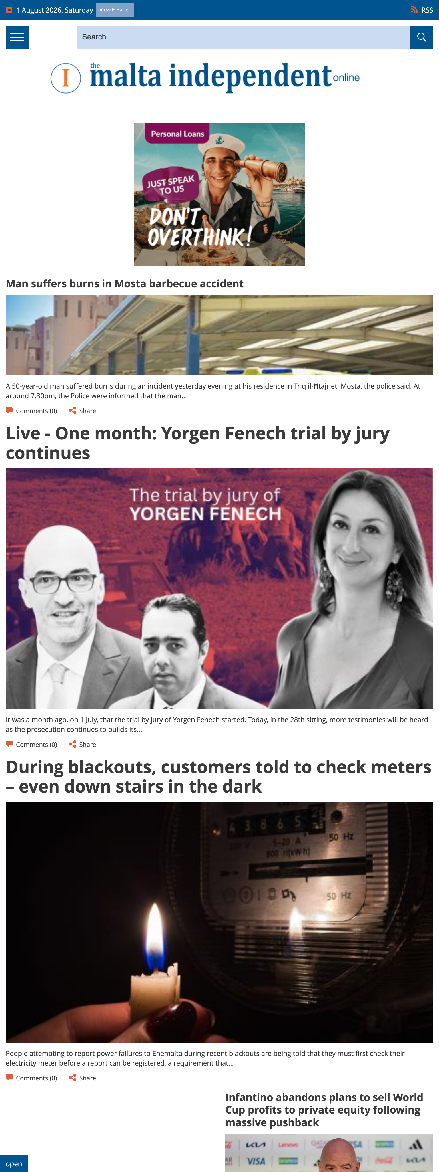 Screenshot of the The Malta Independent front page
