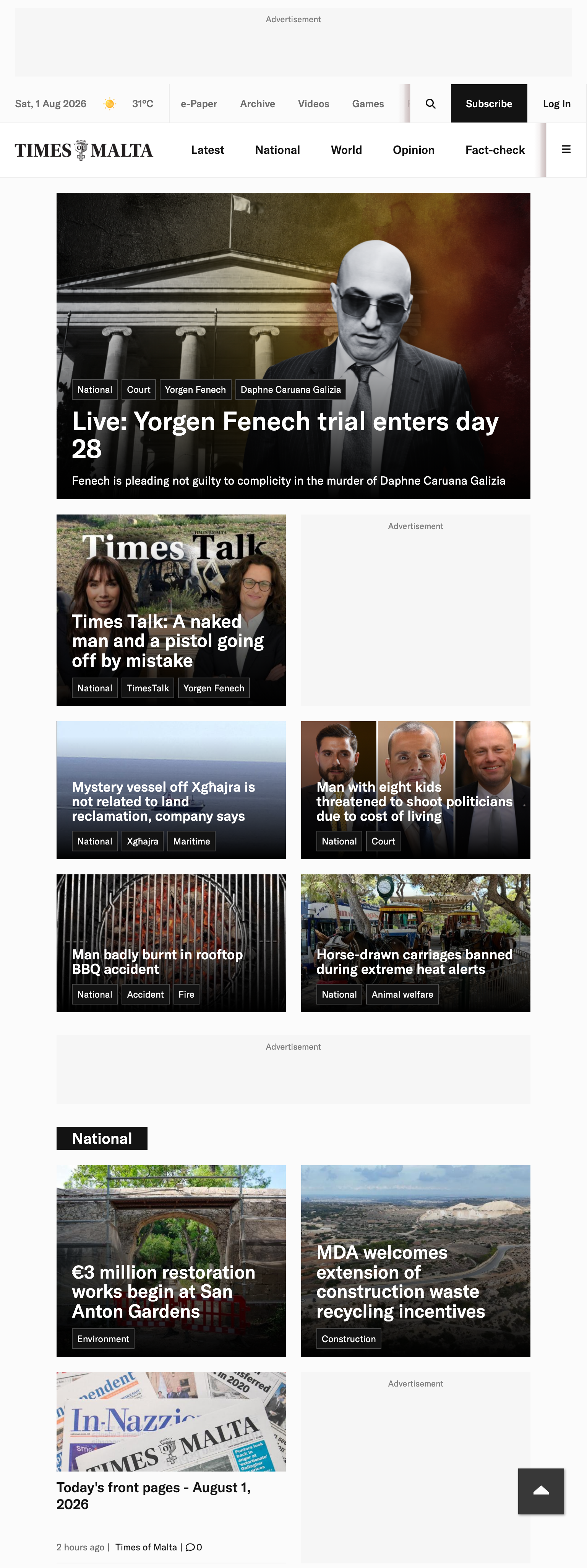 Screenshot of the Times of Malta front page