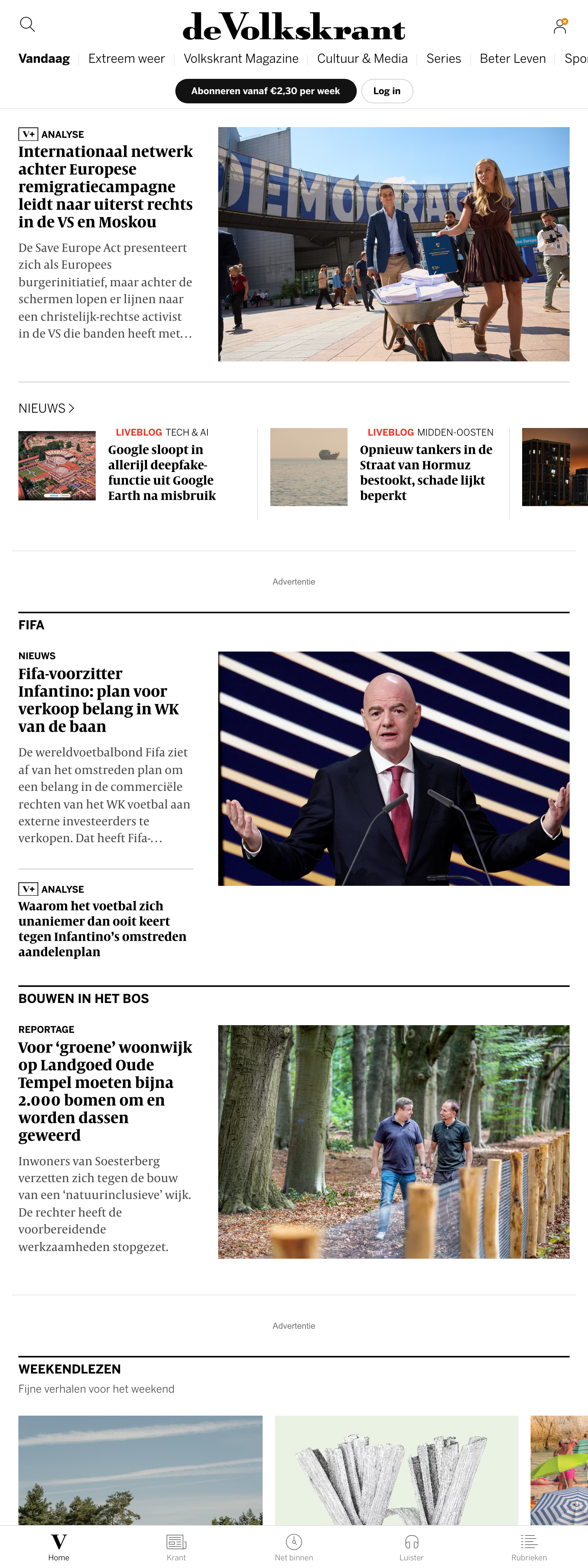 Screenshot of the de Volkskrant front page