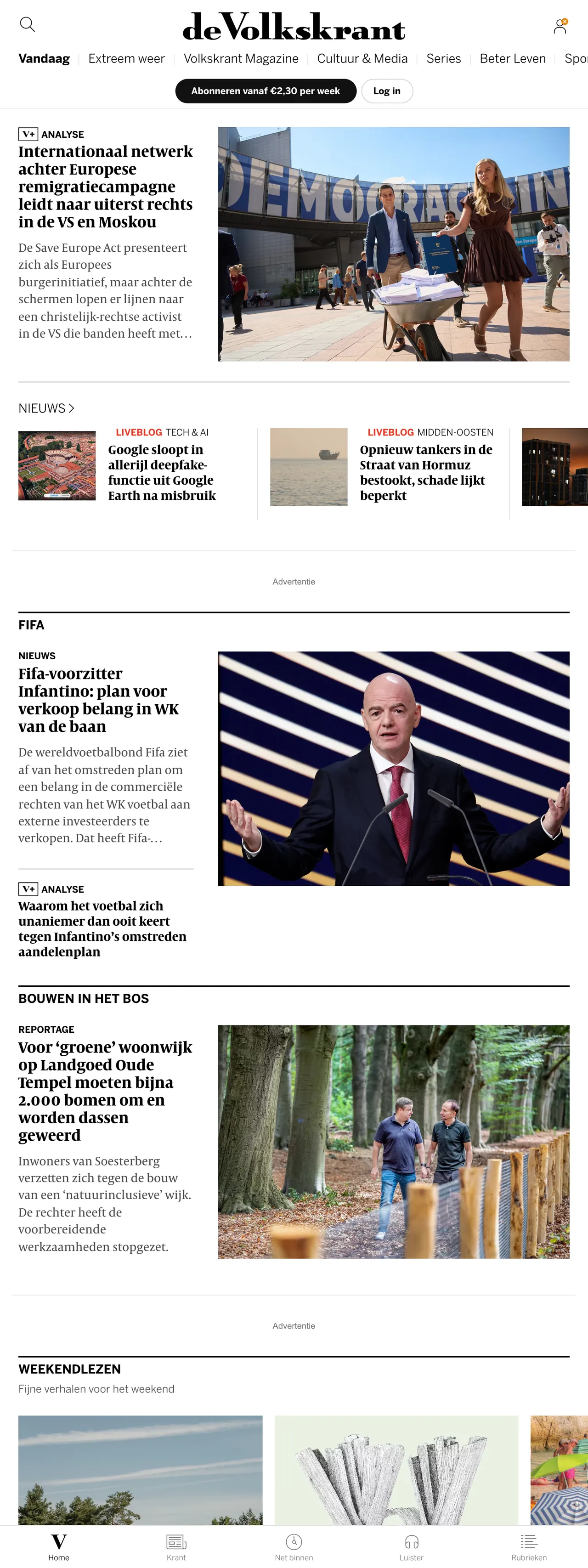 Screenshot of the de Volkskrant front page