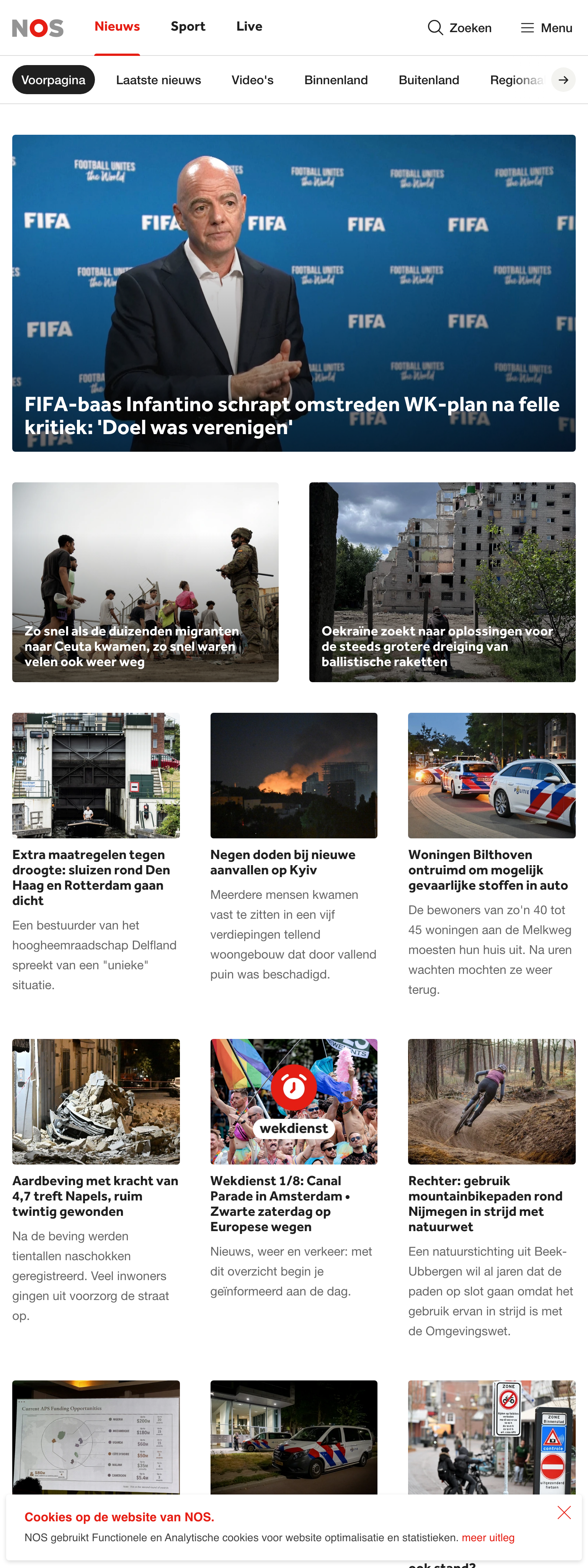 Screenshot of the NOS front page