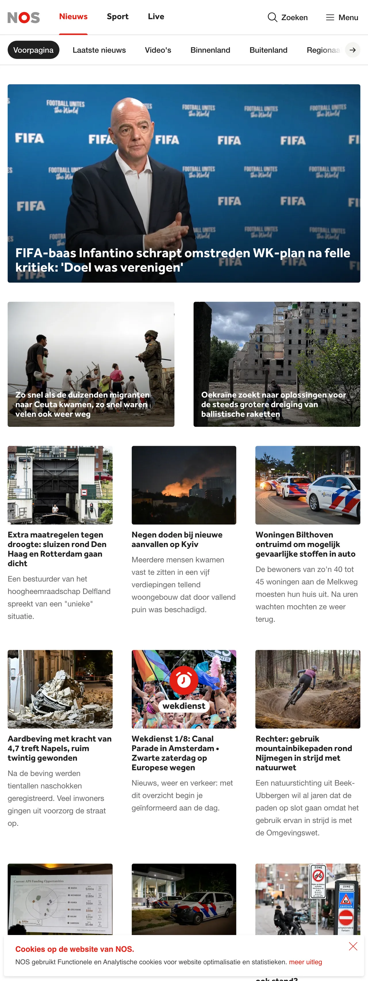 Screenshot of the NOS front page