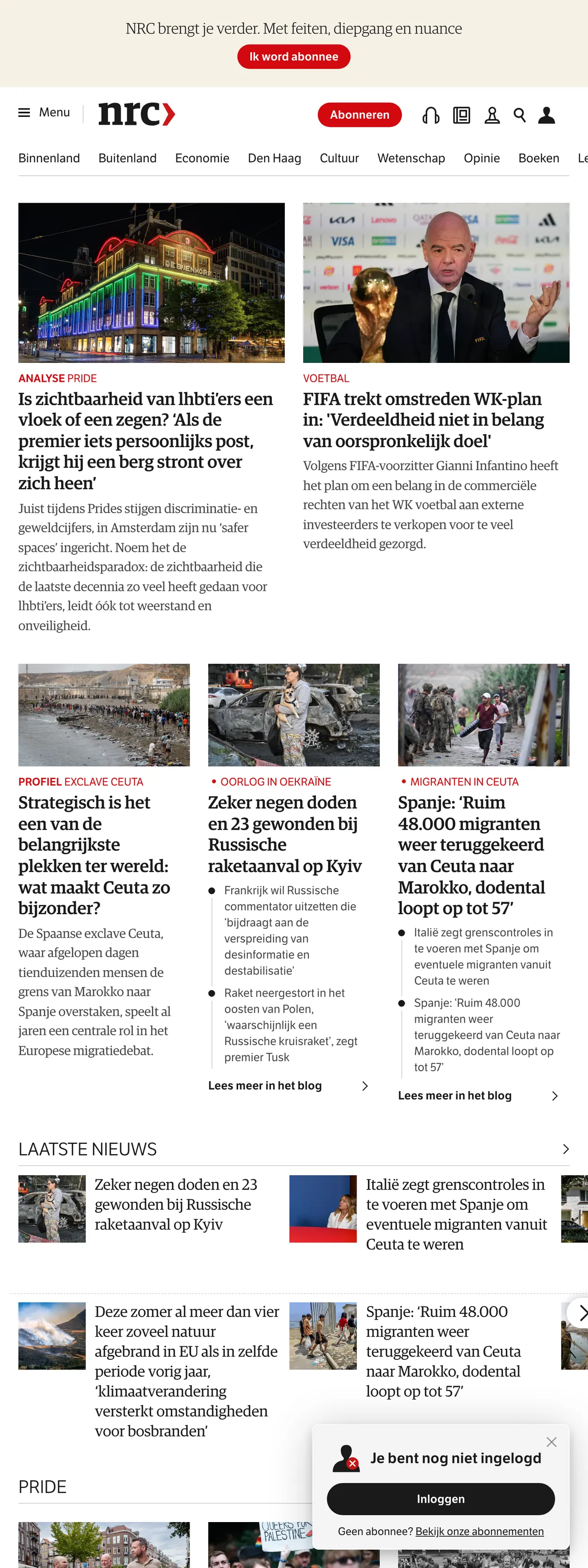 Screenshot of the NRC front page