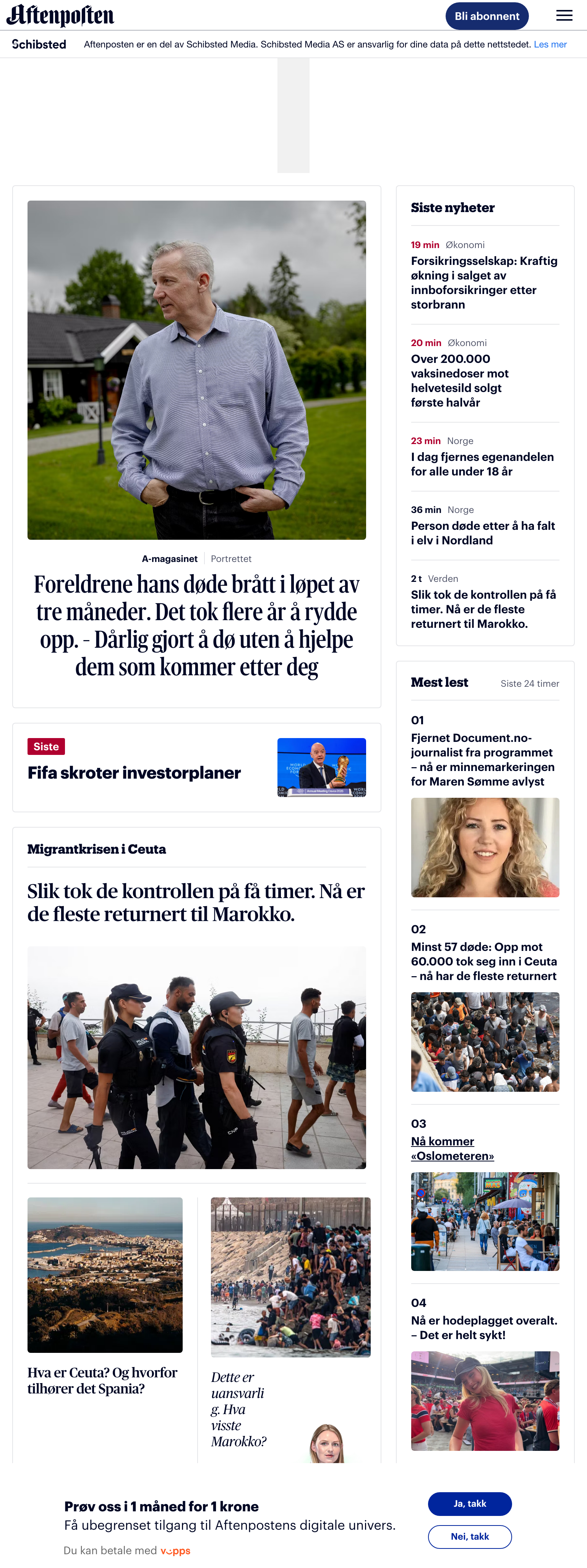 Screenshot of the Aftenposten front page