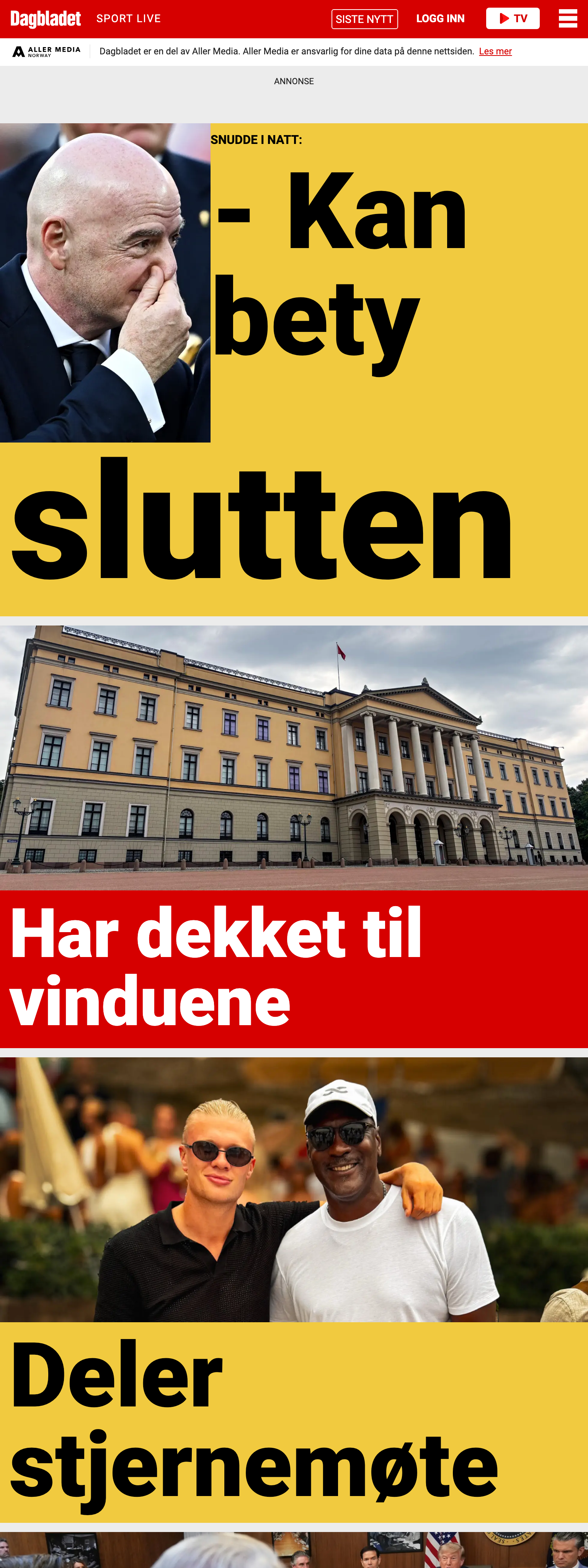 Screenshot of the Dagbladet front page