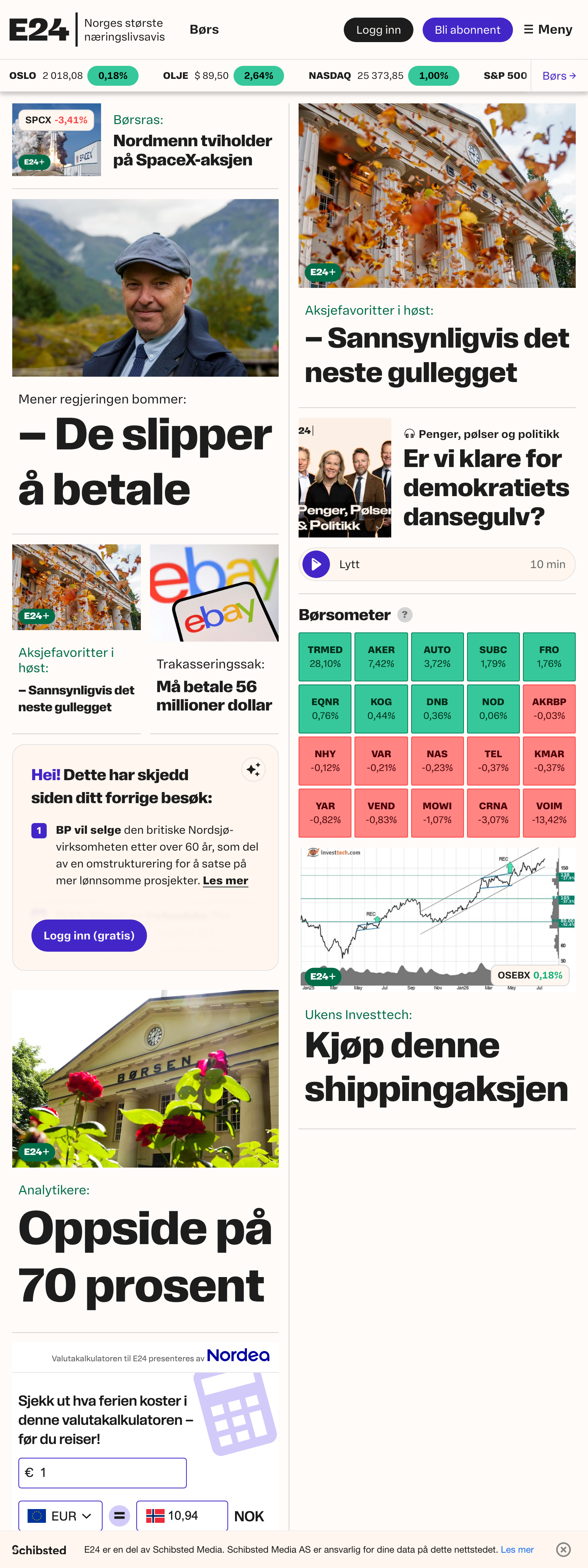 Screenshot of the E24 front page