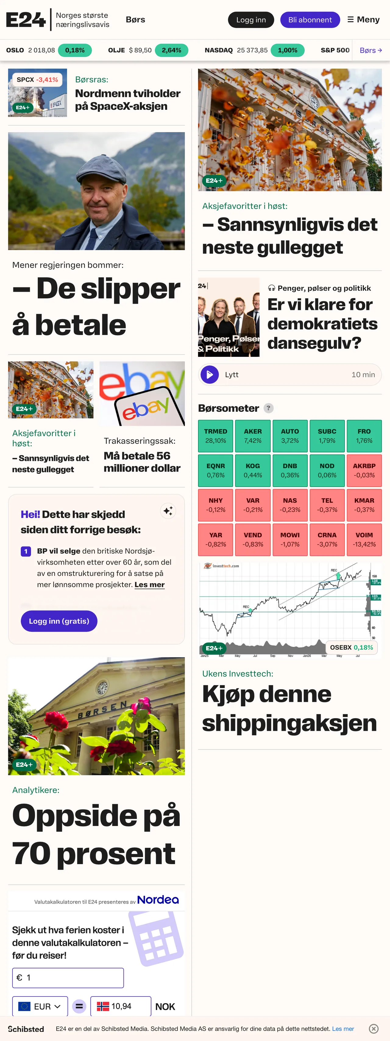 Screenshot of the E24 front page