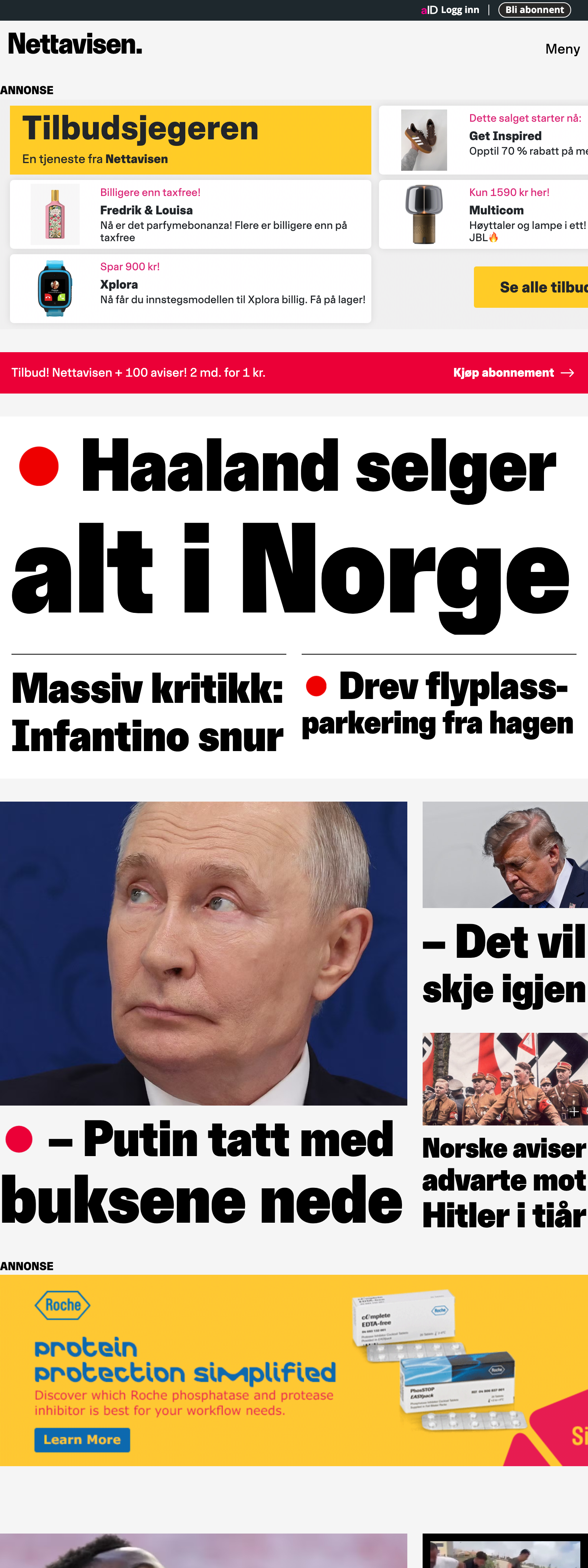 Screenshot of the Nettavisen front page
