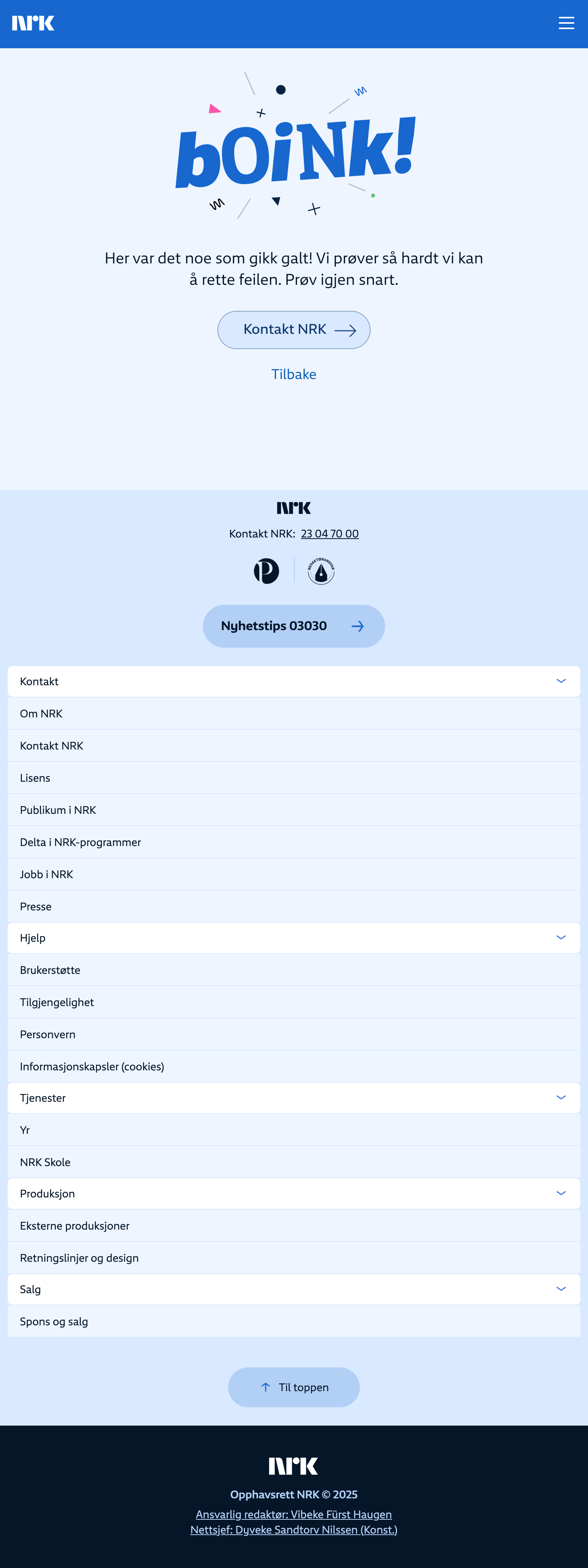 Screenshot of the NRK front page