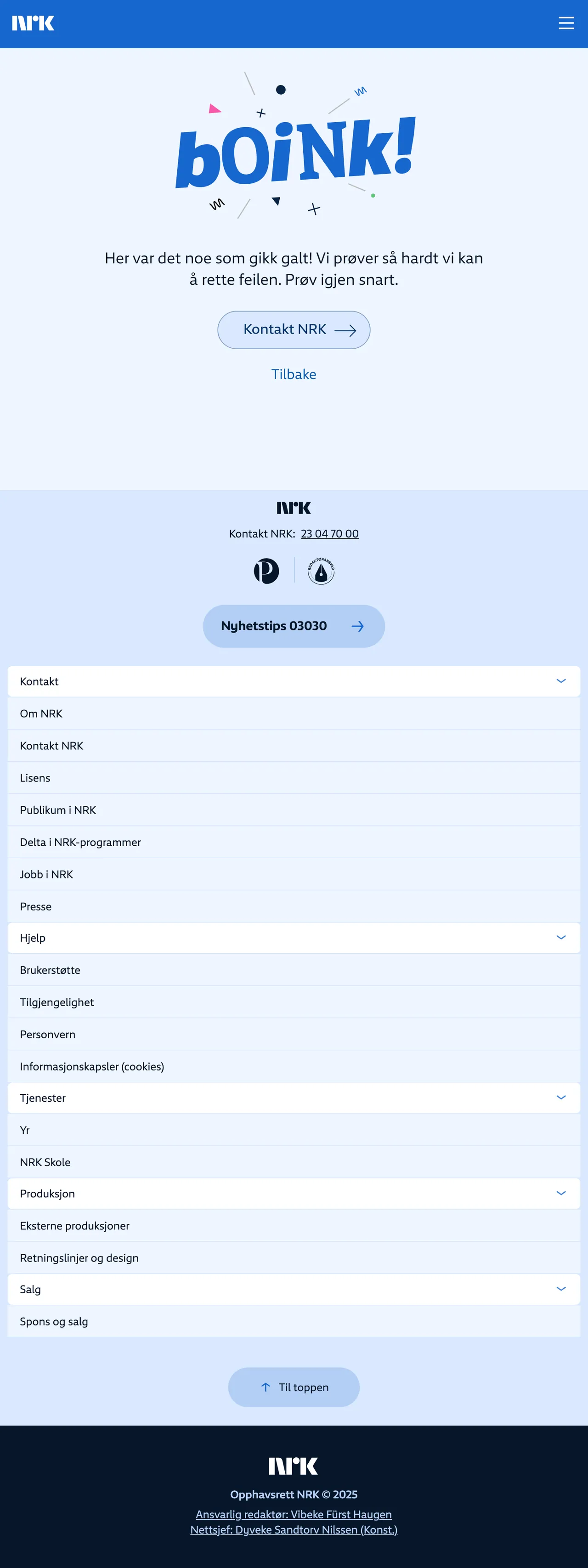 Screenshot of the NRK front page