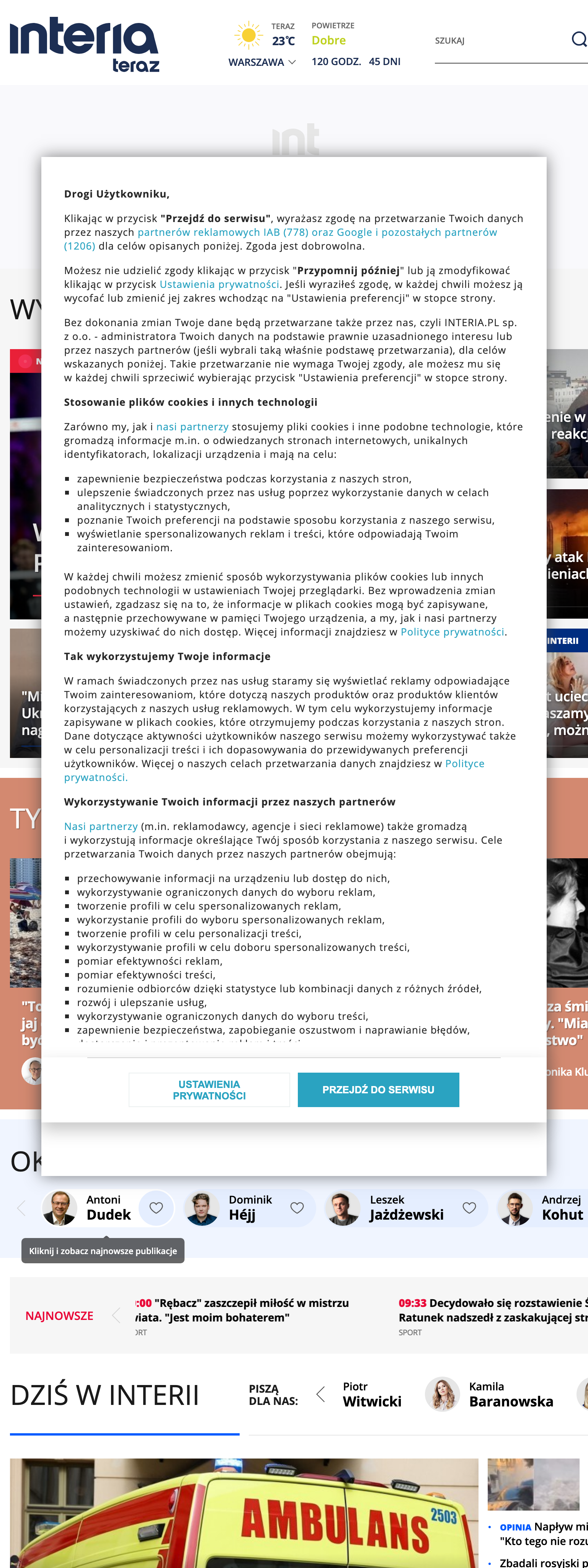 Screenshot of the Interia front page