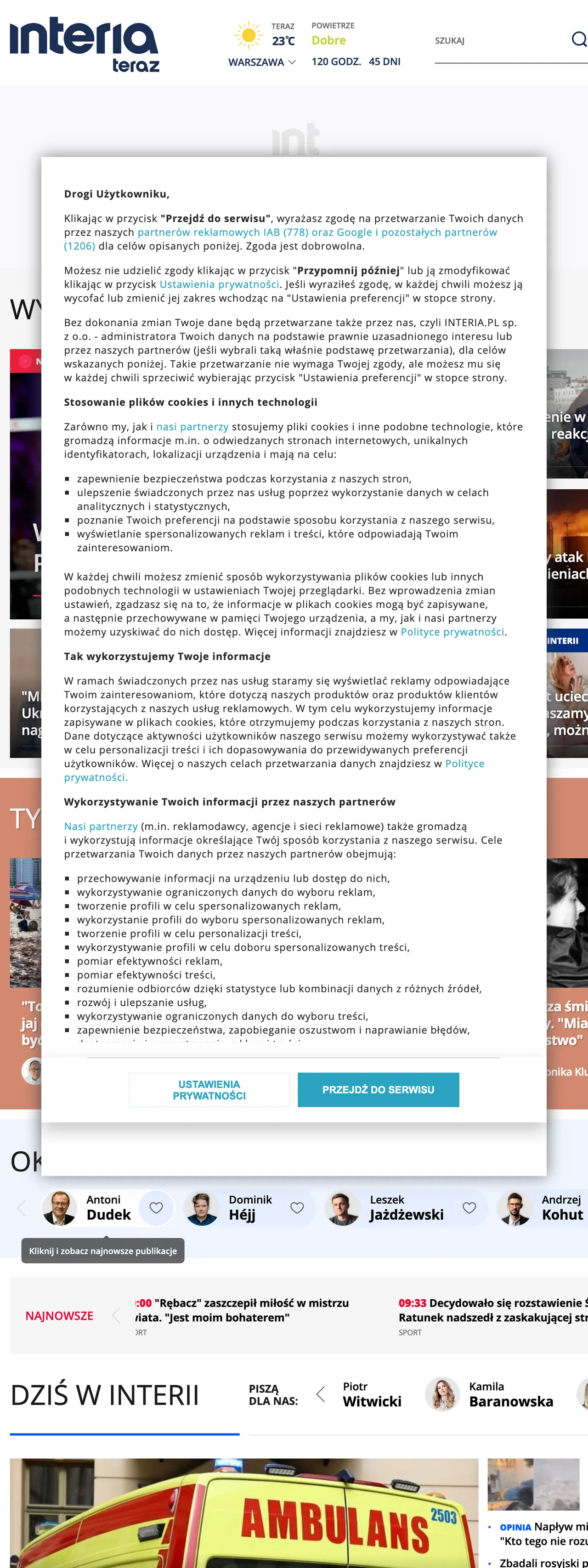 Screenshot of the Interia front page